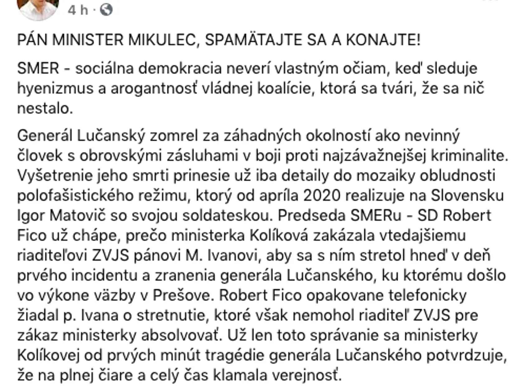 Robert Fico o smrti Milana Lučanského.
