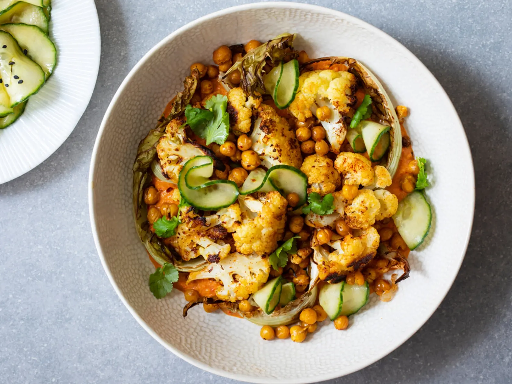 Roast,Cauliflower,And,Chickpeas,With,Pickled,Cucumber,And,Red,Pepper
