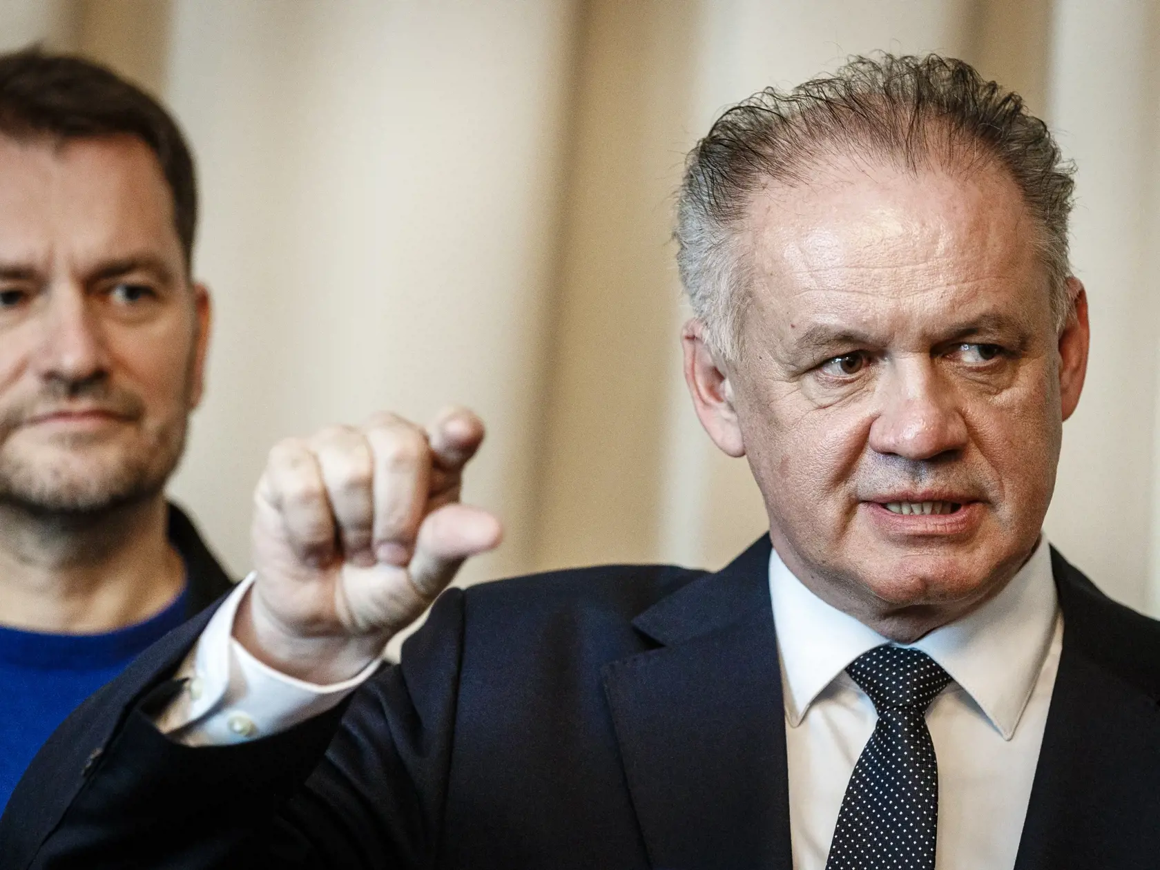 Na snímke zľava líder hnutia OĽaNO Igor Matovič a vtedajší predseda strany Za ľudí Andrej Kiska počas tlačovej konferencie po spoločnom stretnutí k výsledkom volieb do NR SR v Bratislave 3. marca 2020.