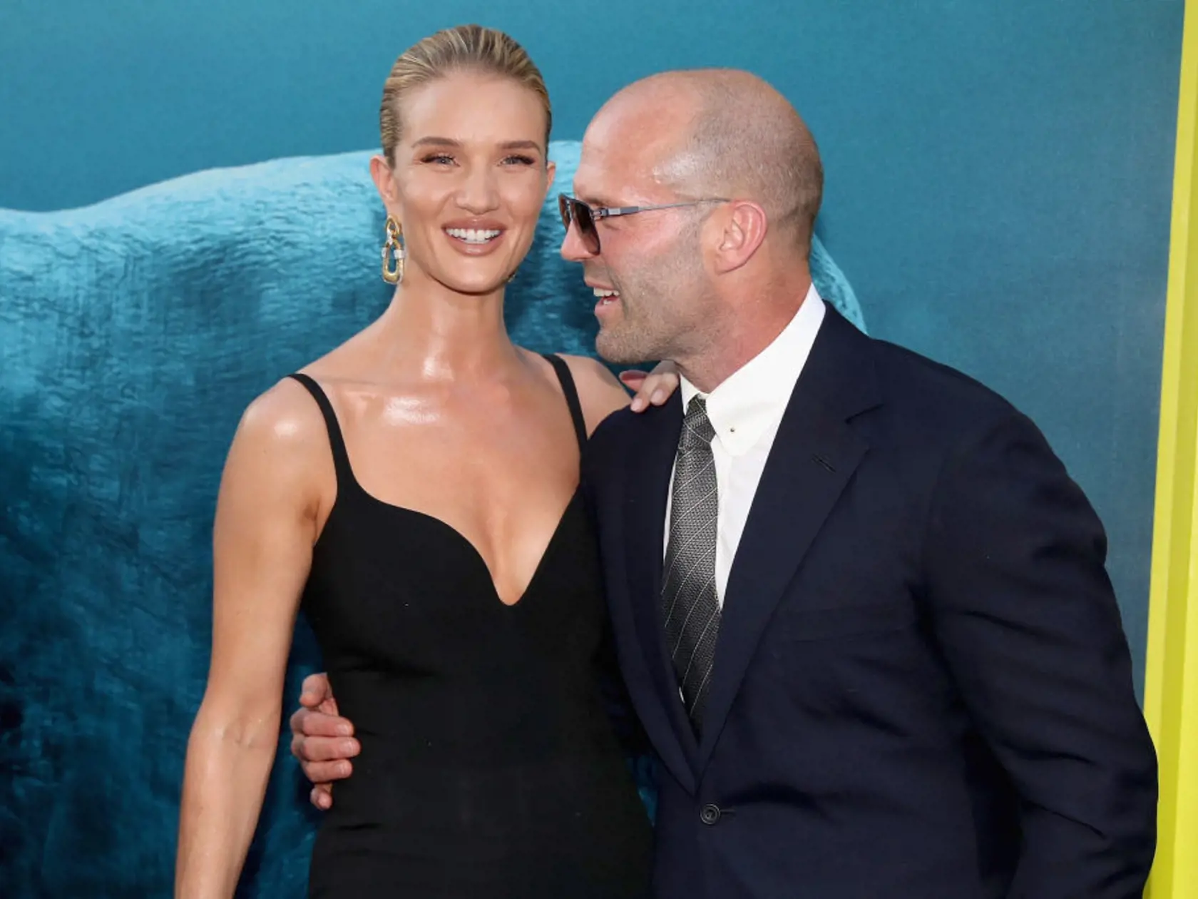 HOLLYWOOD, CA - AUGUST 06:  Rosie Huntington-Whiteley (L) and Jason Statham attend Warner Bros. Pictures And Gravity Pictures' Premiere of 'The Meg' at TCL Chinese Theatre IMAX on August 6, 2018 in Hollywood, California.  (Photo by Christopher Polk/Getty Images)