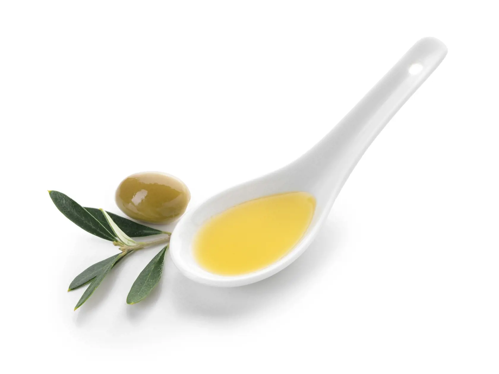 Spoon,With,Tasty,Olive,Oil,On,White,Background