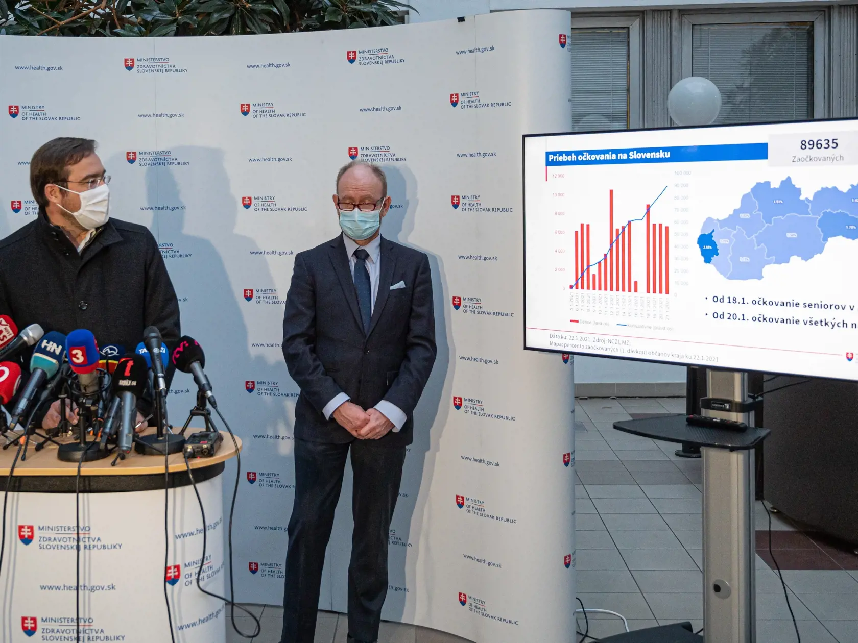 Na snímke zľava minister zdravotníctva Marek Krajčí (OĽaNO), epidemiológ a člen konzília odborníkov Pavol Jarčuška počas brífingu k aktuálnej epidemiologickej situácií na Slovensku. Bratislava, 22. januára 2021. FOTO TASR - Michal Svítok