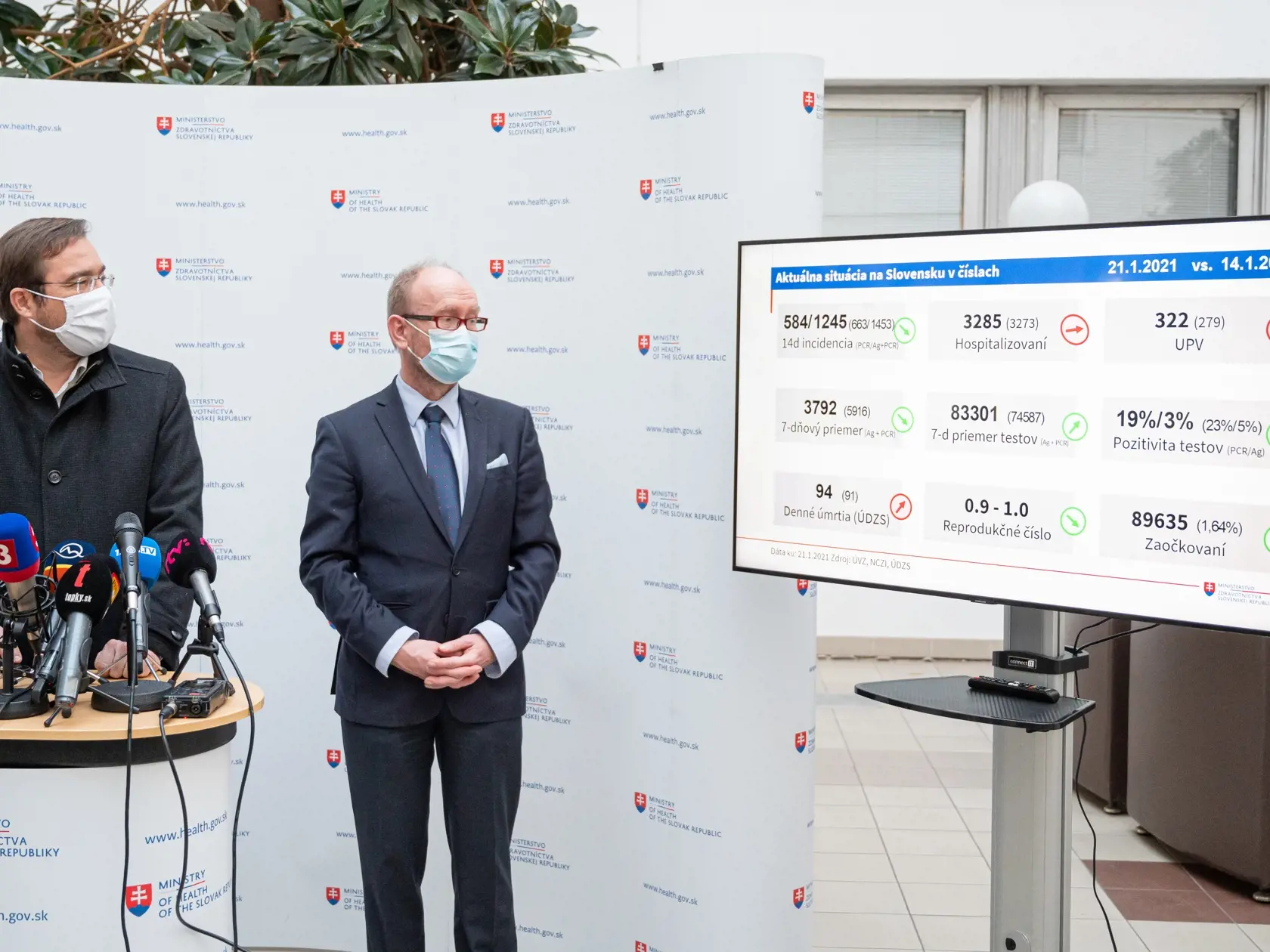 Na snímke zľava minister zdravotníctva Marek Krajčí (OĽaNO), epidemiológ a člen konzília odborníkov Pavol Jarčuška počas  brífingu k aktuálnej epidemiologickej situácií na Slovensku. Bratislava, 22. januára 2021.  FOTO TASR - Michal Svítok