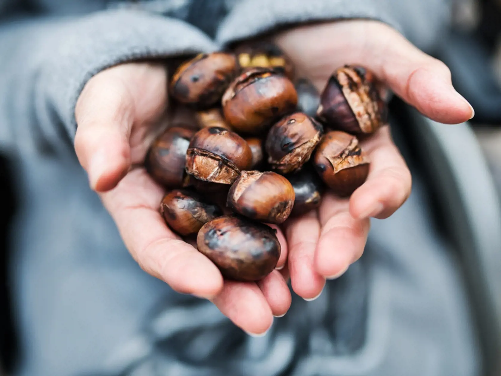 Hands,Of,Senior,Woman,Holding,Roasted,Chestnut,Outdoors,In,Winter.
