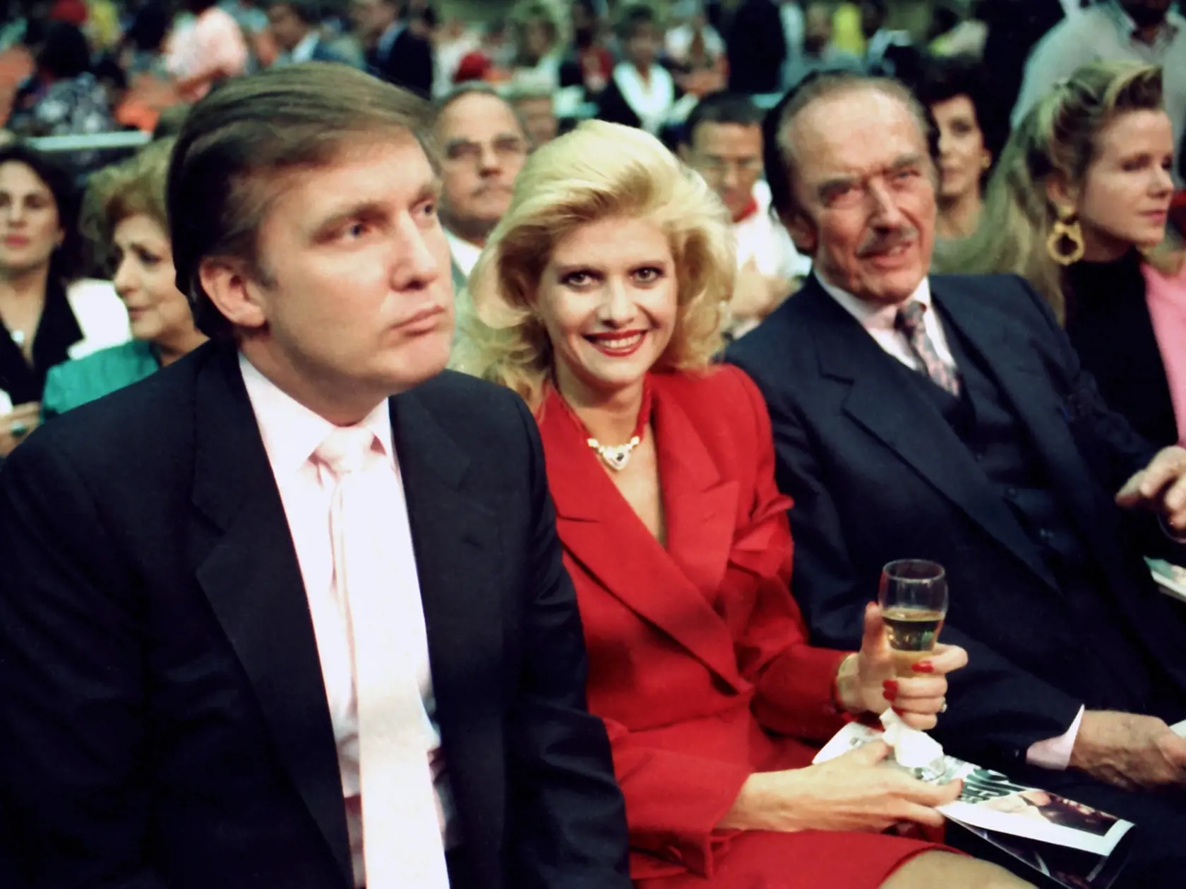ATLANTIC CITY, NJ - JANUARY 22:  Businessman Donald Trump with first wife Ivana, and father Fred Trump (right)  ringside at Tyson vs Holmes Convention Hall in Atlantic City, New Jersey January 22 1988. (Photo by Jeffrey Asher/ Getty Images)