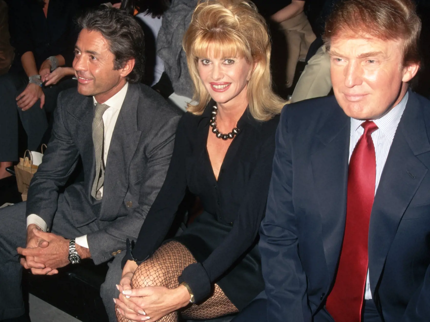 Ivana Trump attends Betsey Johnson's Spring Collection fashion show with Roffredo Gaetani and Donald Trump at Pier 89.   (Photo by Mitchell Gerber/Corbis/VCG via Getty Images)