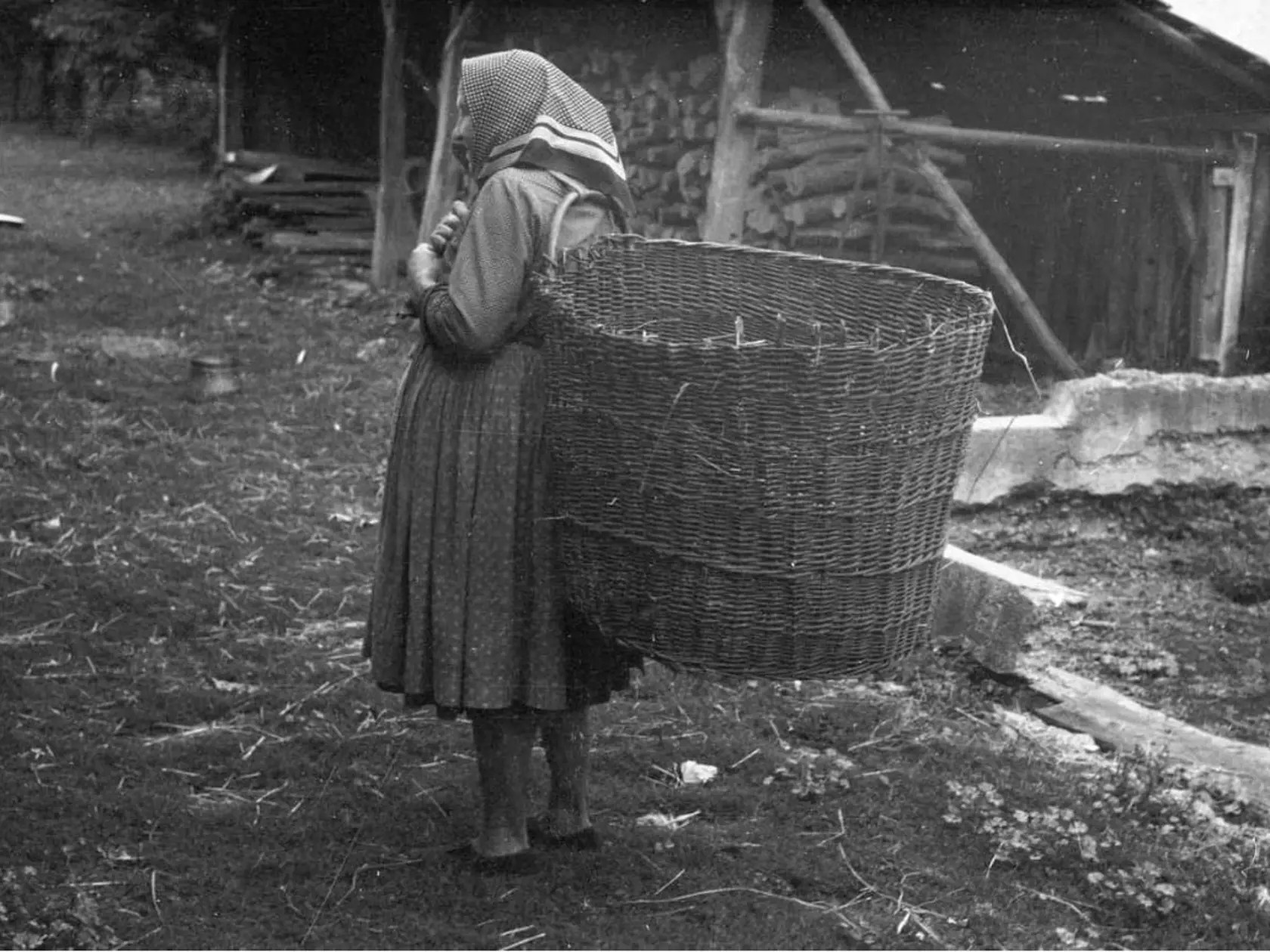 Pani z obce Prašice v okrese Topoľčany na zábere z roku 1975 s obrovským košom na chrbte. Hoci ho má prázdy, jeho váha musí byť aj tak poriadna.