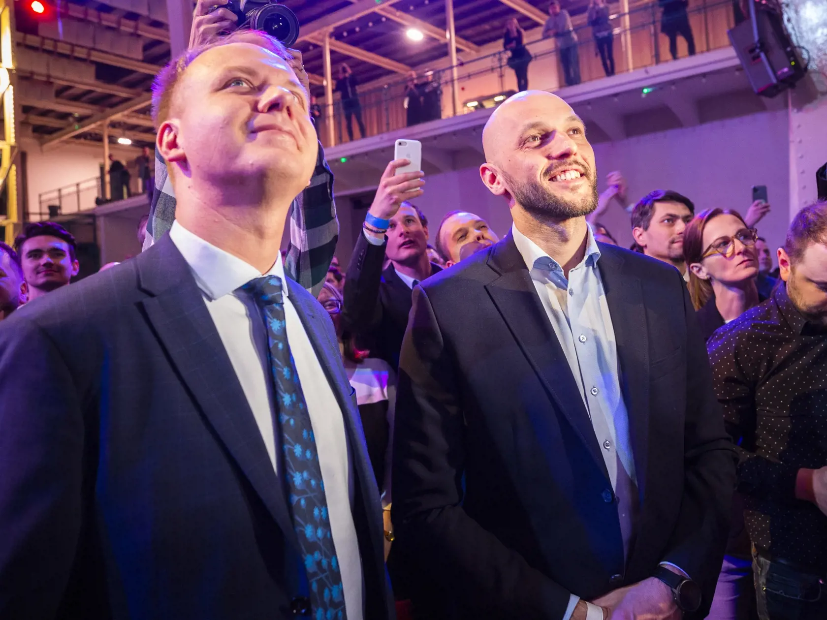 Na snímke uprostred zľava predseda SPOLU - občianskej demokracie Miroslav Beblavý a líder koalície strán Progresívne Slovensko - Spolu Michal Truban v Bratislave 29. februára 2020. FOTO TASR - Jaroslav Novák