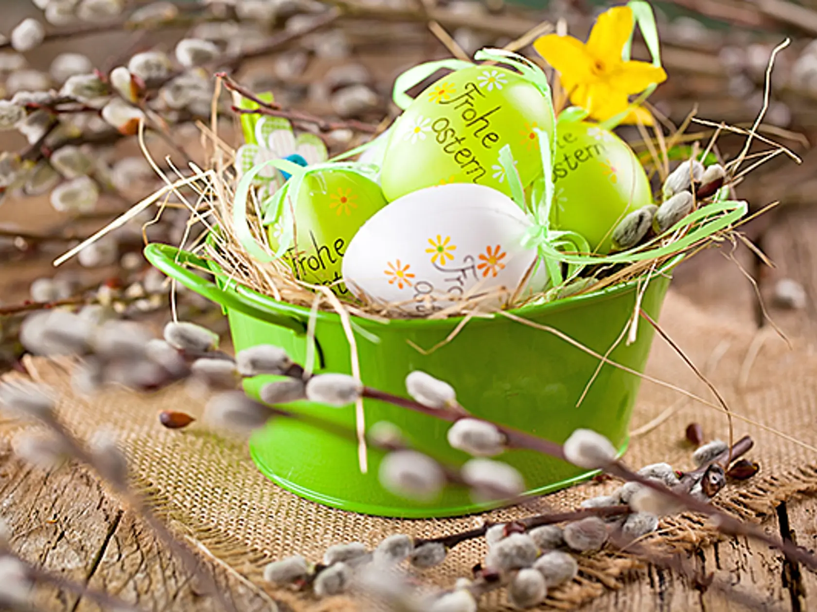 Easter,Pussy-willow,And,Easter,Egg,On,Wooden,Background.,Happy,Easter