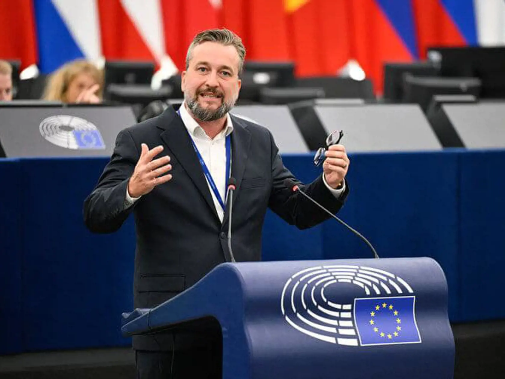 Ľuboš Blaha zo Smeru počas svojho vystúpenia v Európskom parlamente.