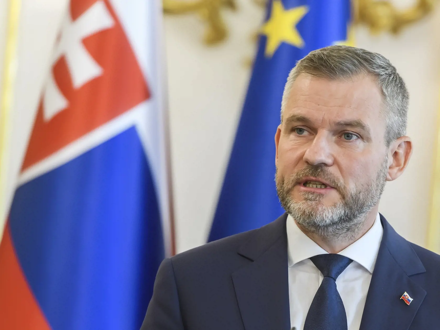 Na snímke novozvolený prezident SR Peter Pellegrini počas vyhlásenia s prezidentkou SR Zuzanou Čaputovou (nie je na snímke) k atentátu na premiéra SR Roberta Fica (Smer-SD) v Bratislave 16. mája 2024.