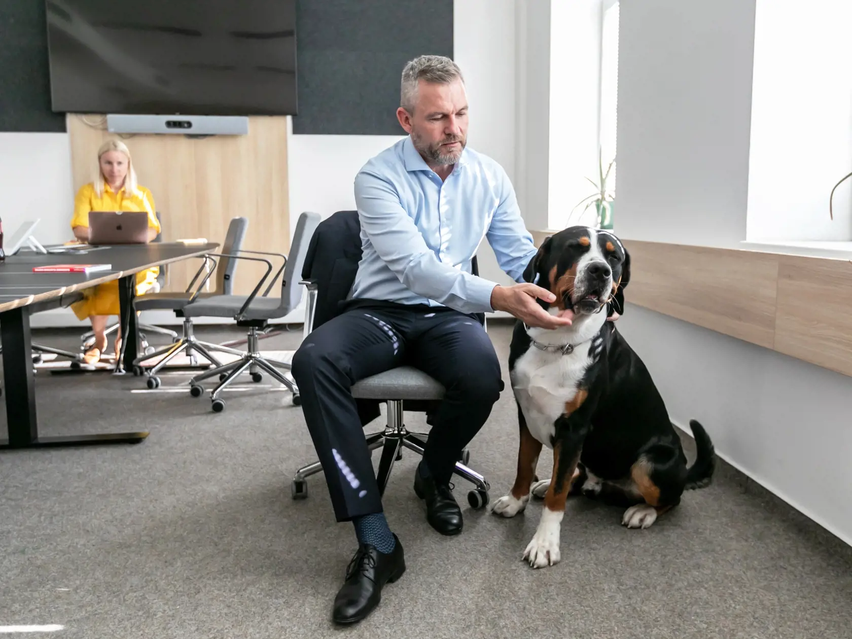 Na snímke predseda politickej strany HLAS – sociálna demokracia Peter Pellegrini so svojim psom Gerym. 