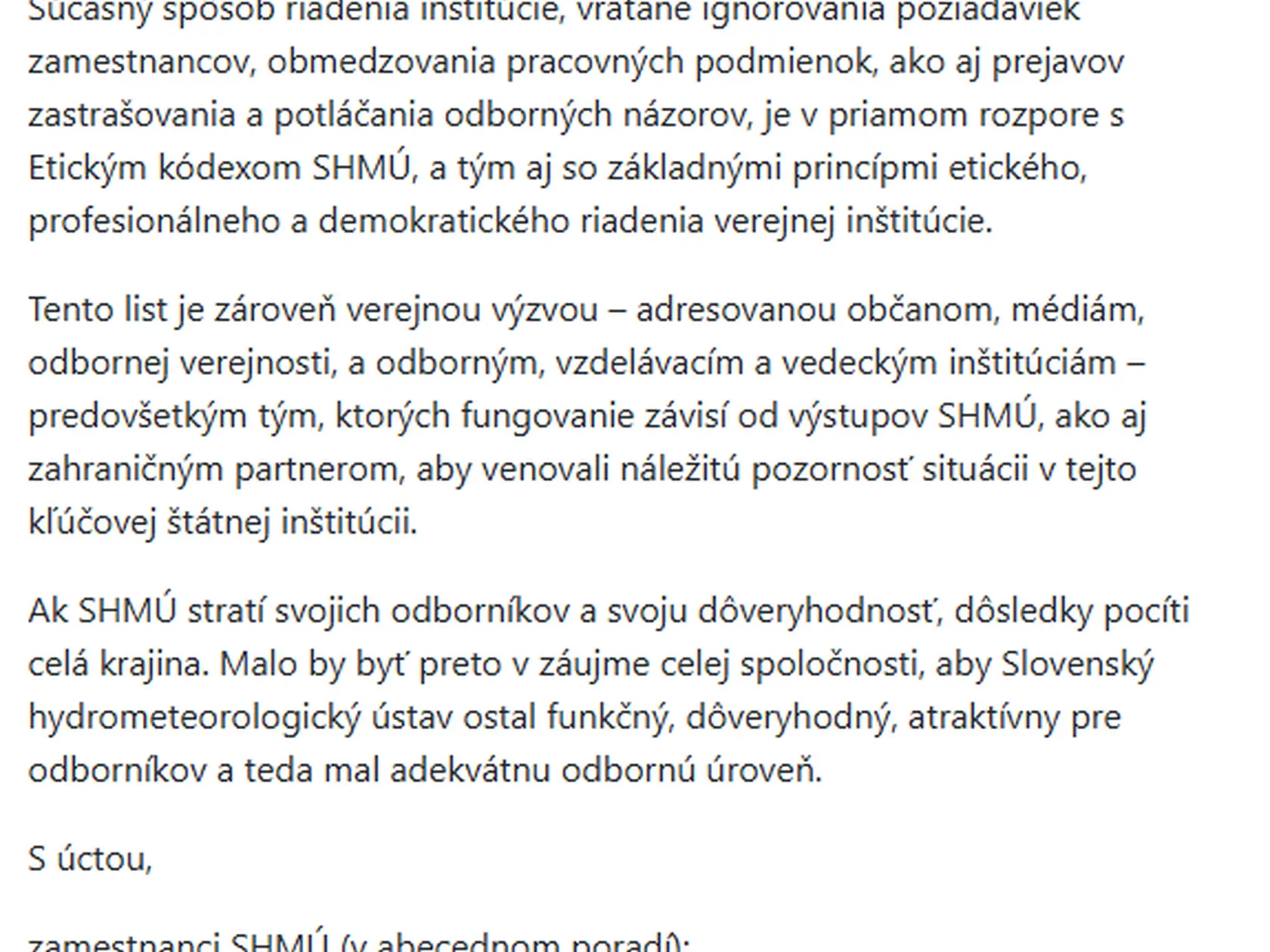 Požiadavky zamestnancov SHMÚ