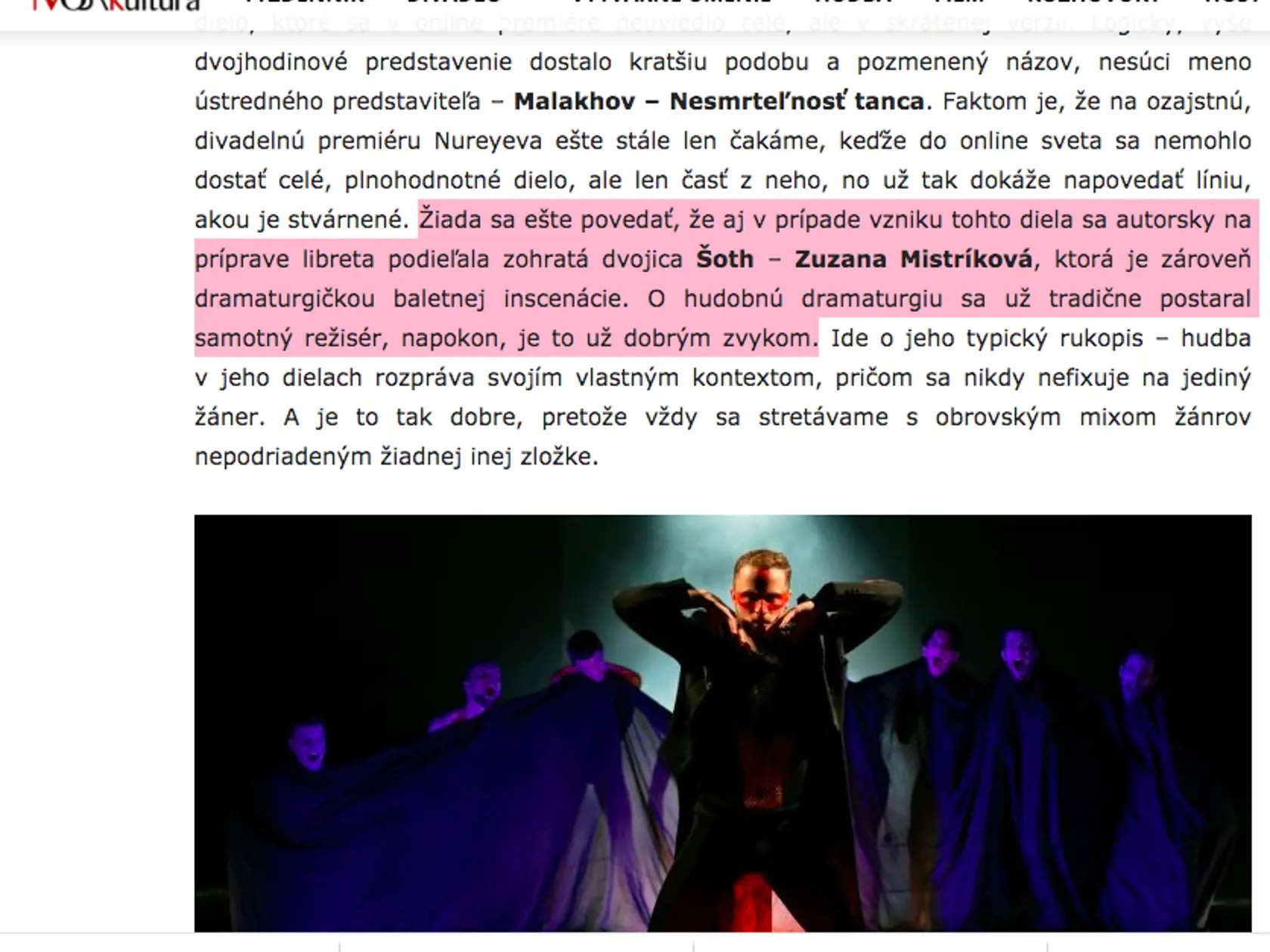 Divadelná kritička Zuzana Vachová, ktorú nikto z oslovených umelcov nepozná, píše ódy na Šothove predstavenia na portáli, ktorý dostal od Šotha zákazku vo výške 4800 eur.
