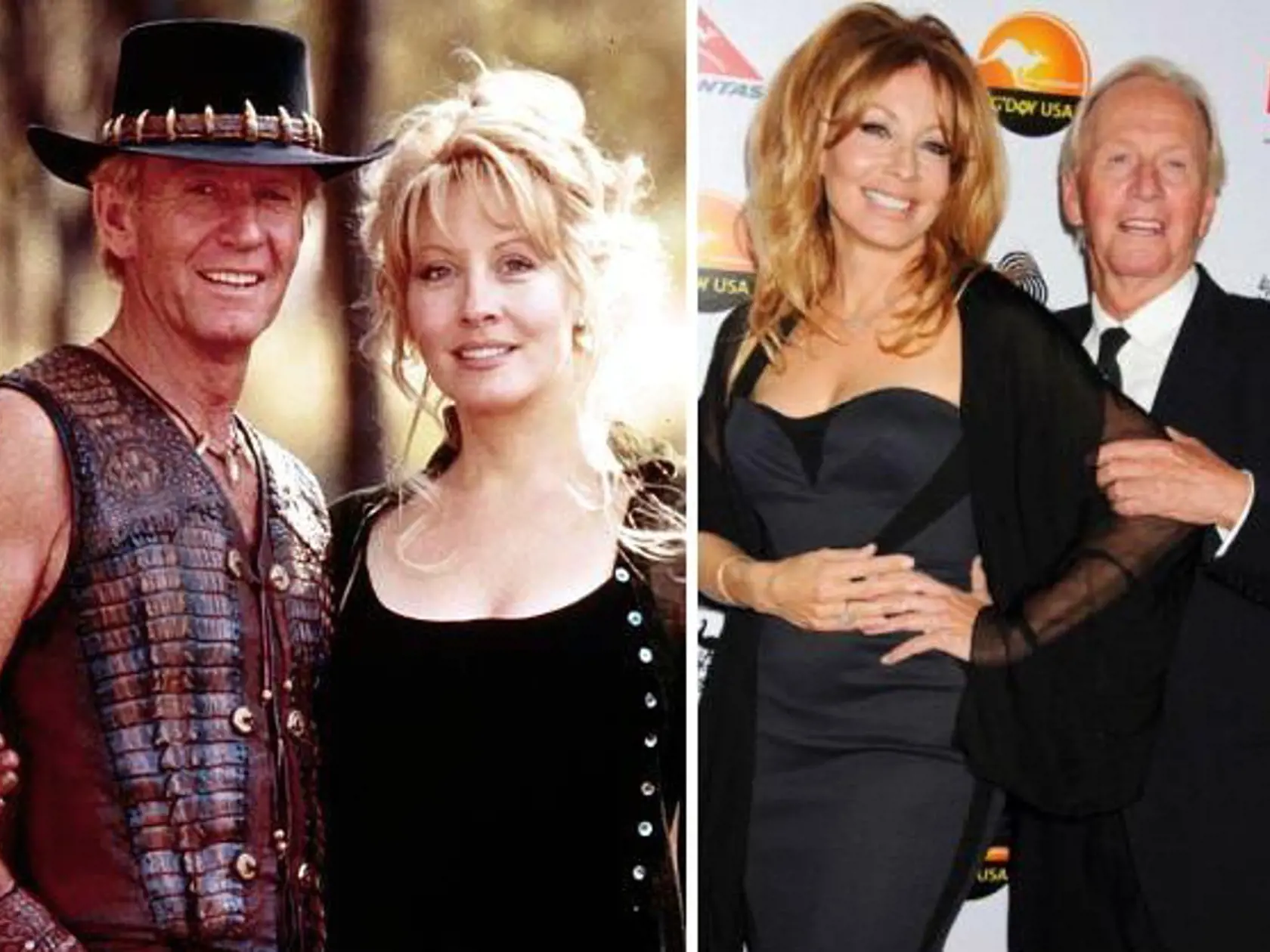 391562 07: Actors Paul Hogan, left, and Linda Koslowski pose for a photo on the set of the film "Crocodile Dundee in Los Angeles" in this undated photo. (Photo by Paramount Pictures/Getty Images)