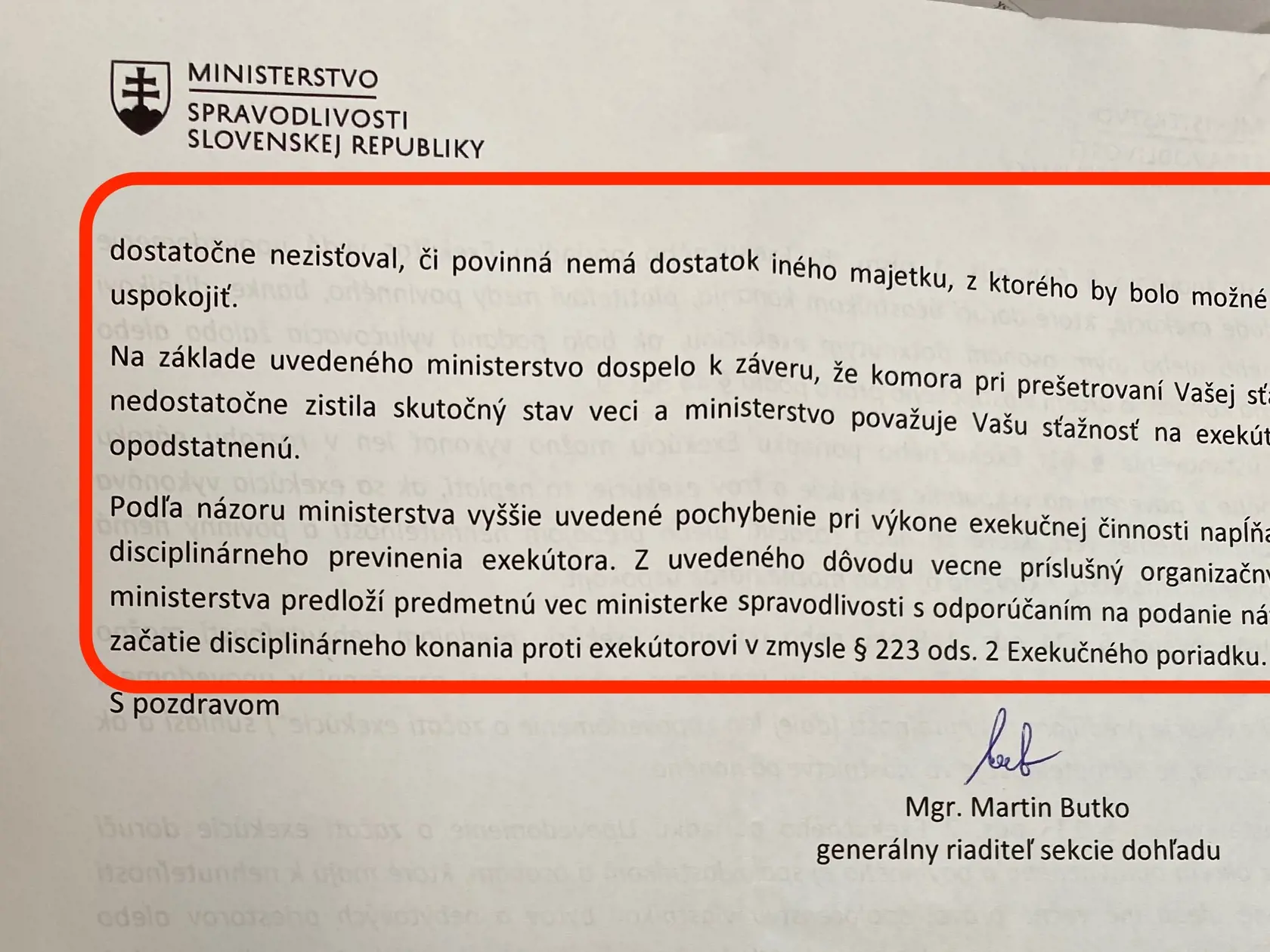 Stanovisko Ministerstva spravodlivosti SR v podnetu na vybave ie sťažnosti Radka Hanáka Slovenskou komorou exekútorov.