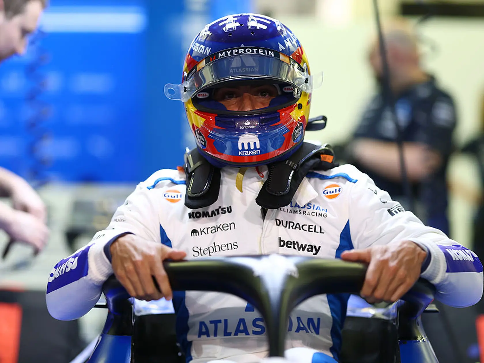 BAHRAIN, BAHRAIN - APRIL 11: Carlos Sainz of Spain and Williams prepares to drive in the garage during practice ahead of the F1 Grand Prix of Bahrain at Bahrain International Circuit on April 11, 2025 in Bahrain, Bahrain. (Photo by Clive Rose/Getty Images)