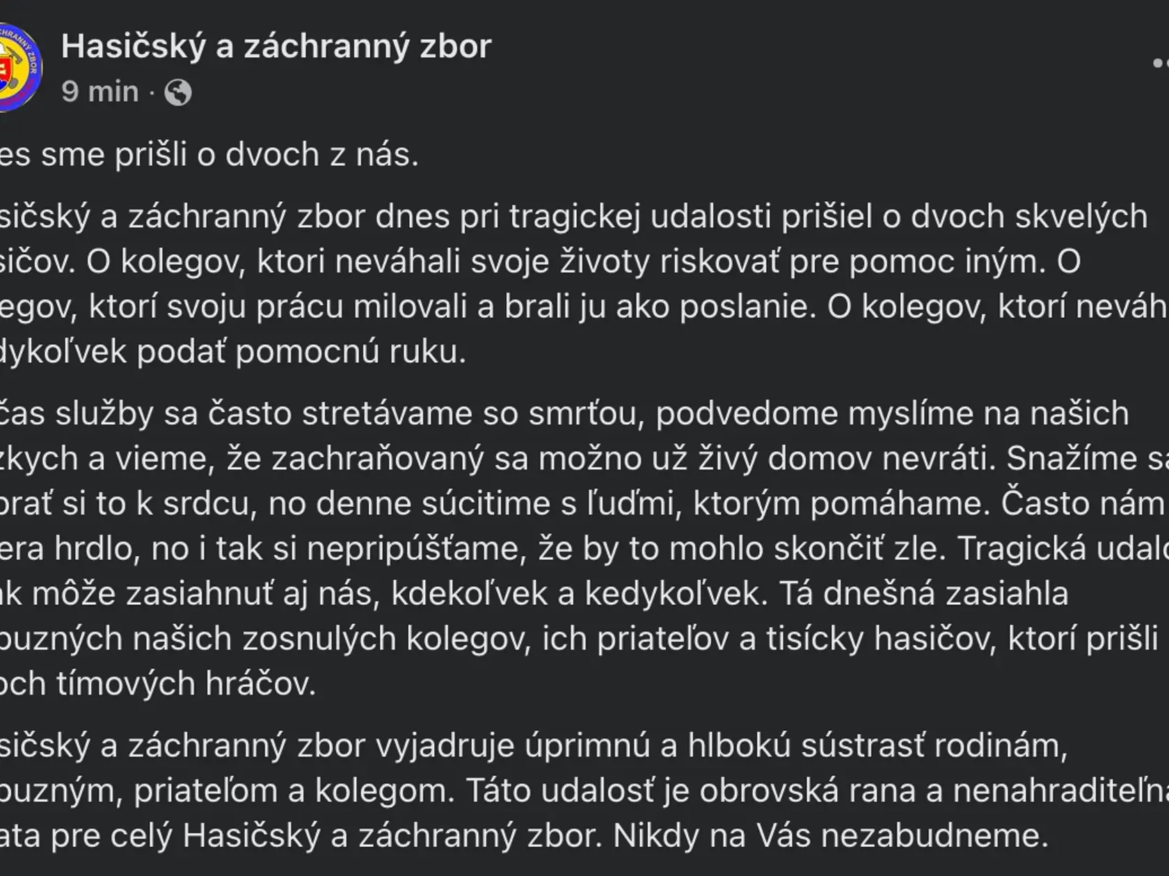 Kolegovia hasičov, ktorí prišli pri tragickej nehode o život zverejnili srdcervúci odkaz.