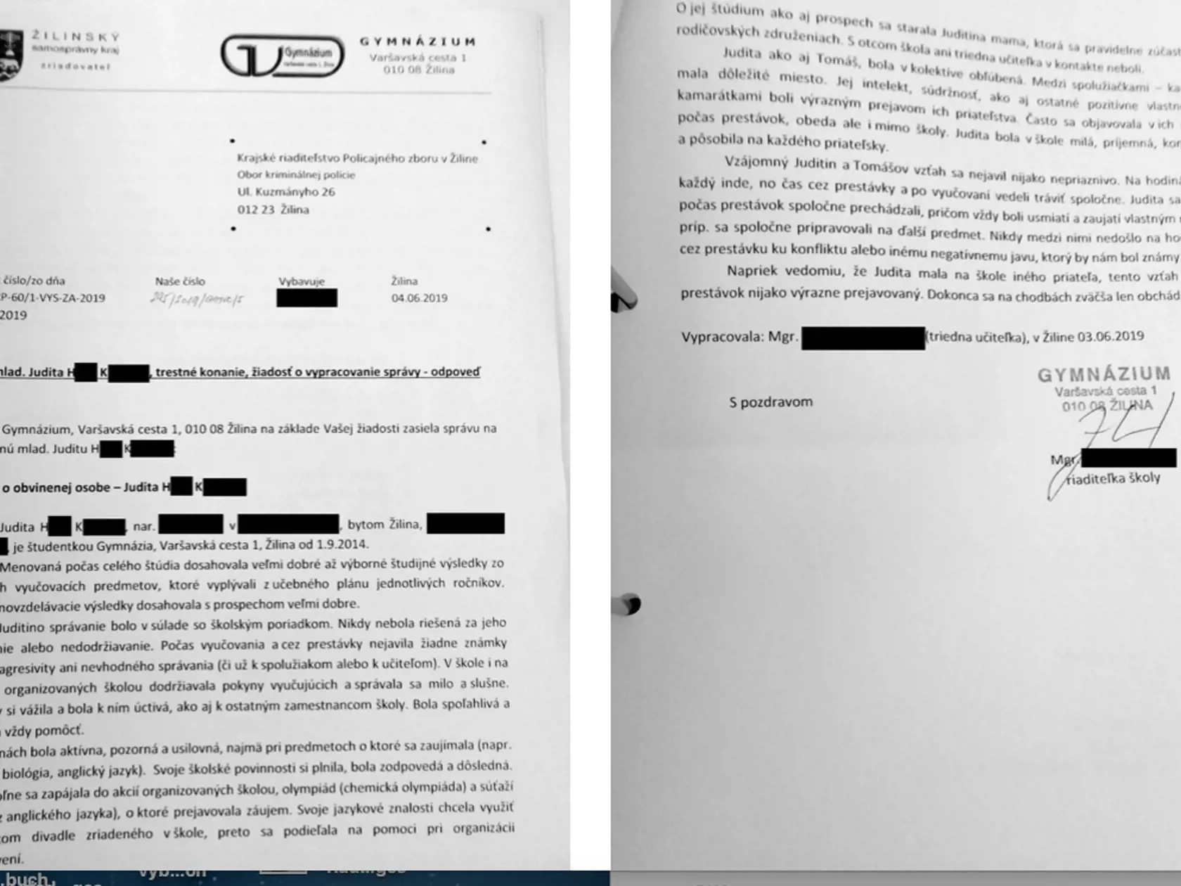 Pozitívne hodnotenie Judity zo školy.