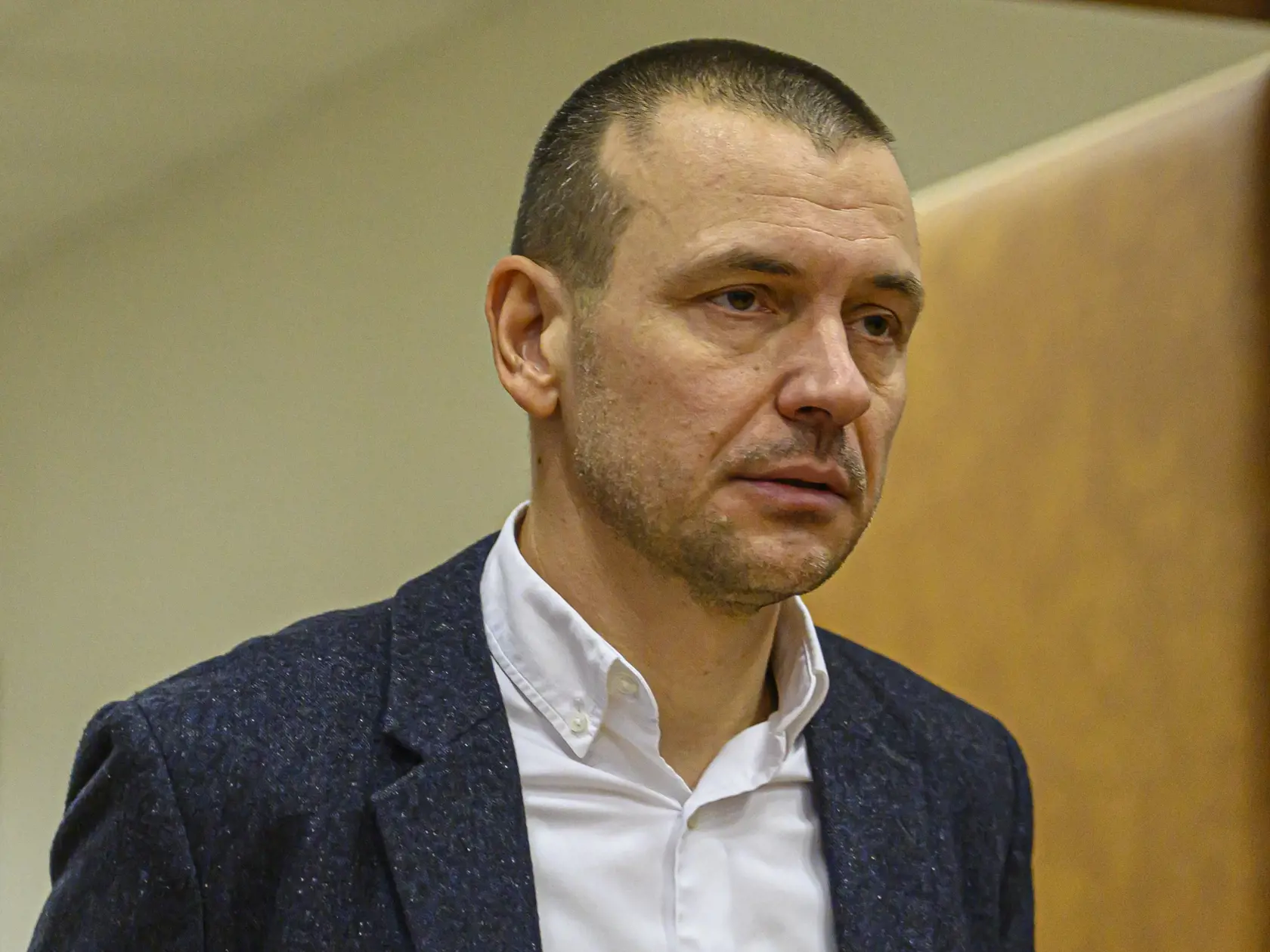 Hlavné pojednávanie v kauze vraždy novinára Jána Kuciaka a jeho snúbenice Martiny Kušnírovej na Špecializovanom trestnom súde v Pezinku, 15. januára 2020. Na snímke svedok Peter Tóth.  FOTO TASR - Michal Svítok