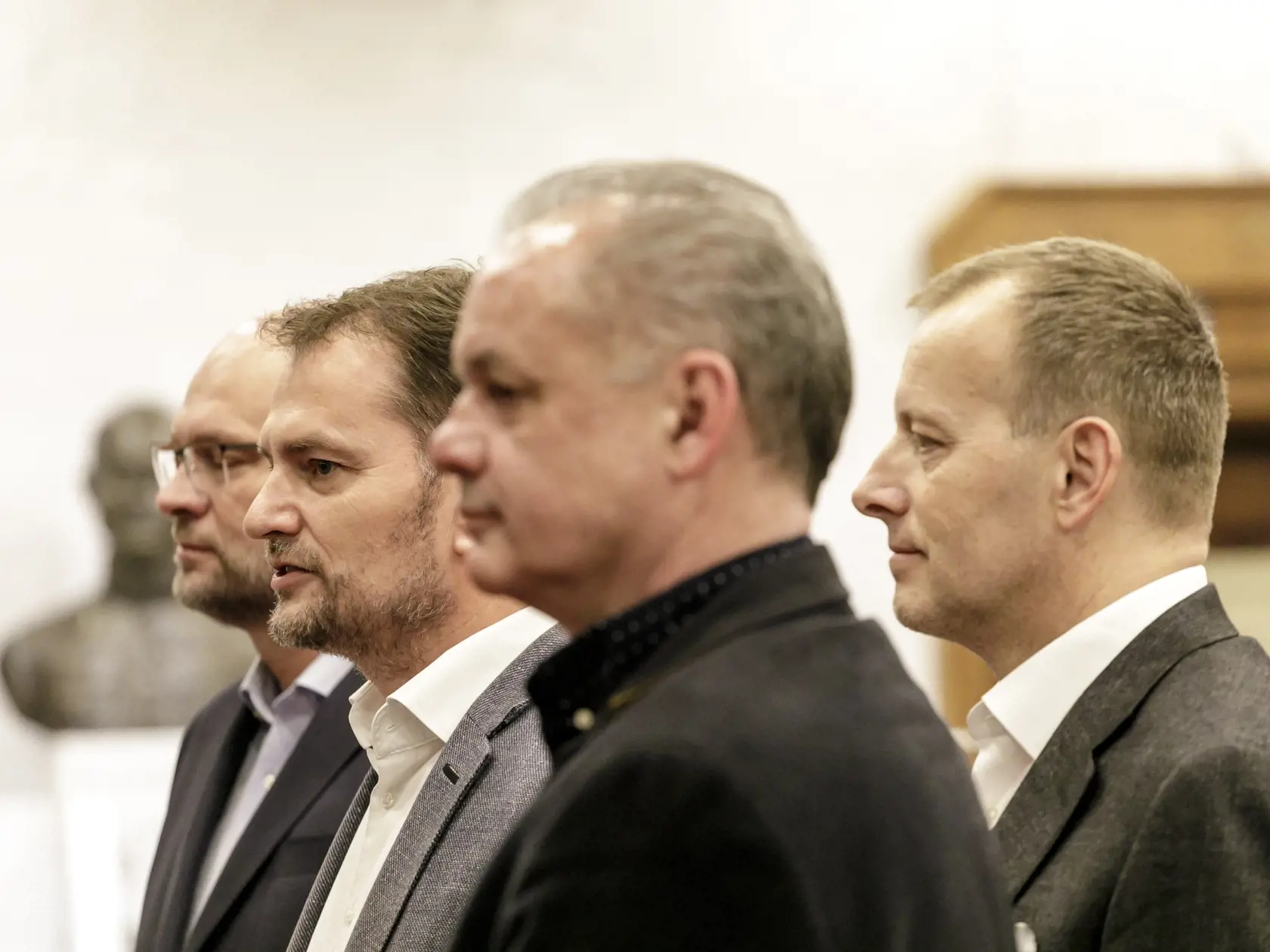 Na snímke lídri strán zľava Richard Sulík (SaS), Igor Matovič (OĽaNO), Andrej Kiska (Za ľudí) a Boris Kollár (Sme rodina) počas tlačovej konferencie po spoločnom stretnutí o možnej budúcej koaličnej vláde po voľbách do NRSR v Bratislave 5. marca 2020. FOTO TASR - Dano Veselský

