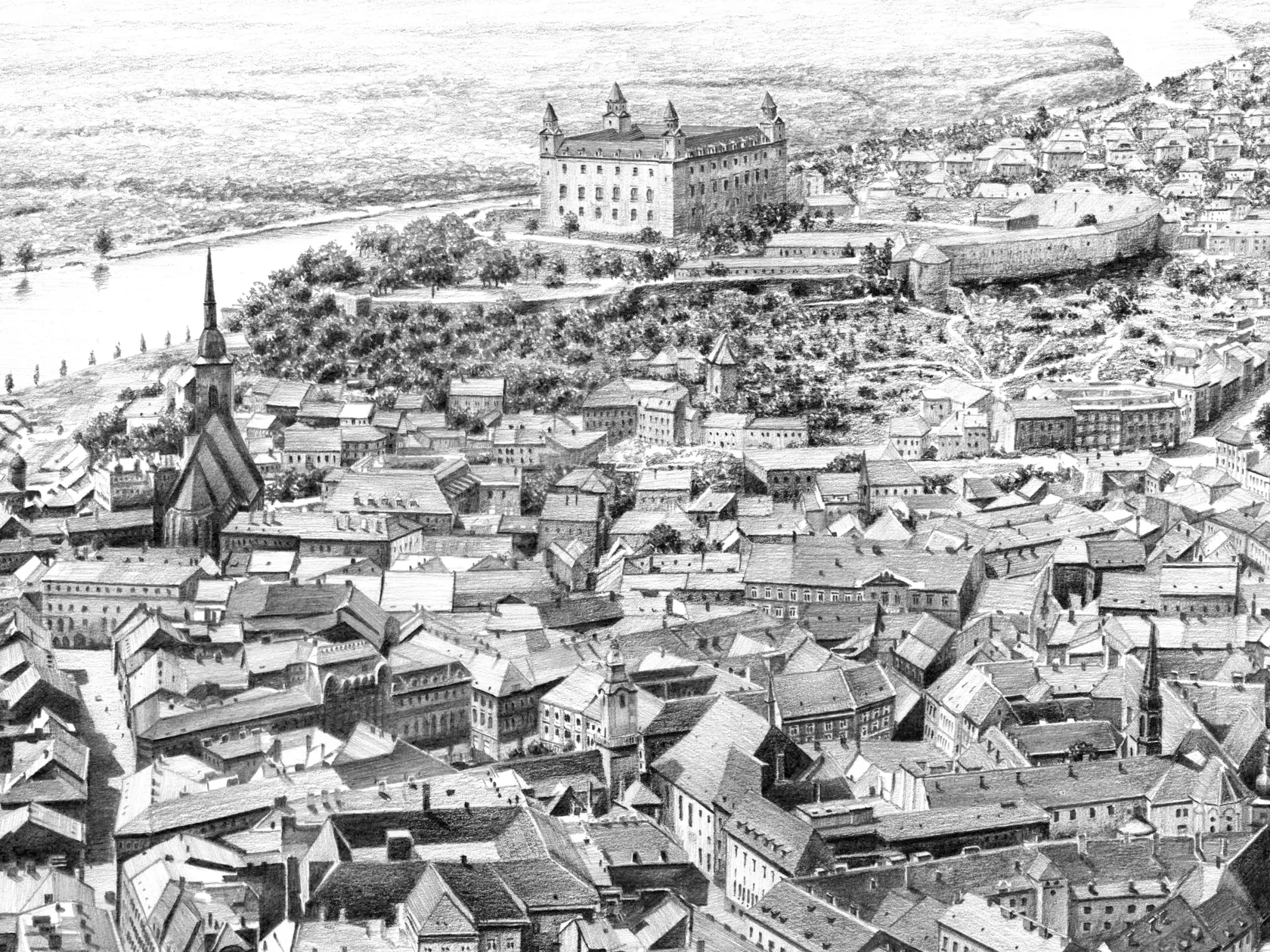 Asi jeden z najúžasnejších obrazov aké kedy J. Vitko namaľoval. Na takéto neuveriteľné zachytenie Bratislavy mu stačila obyčajná ceruzka.