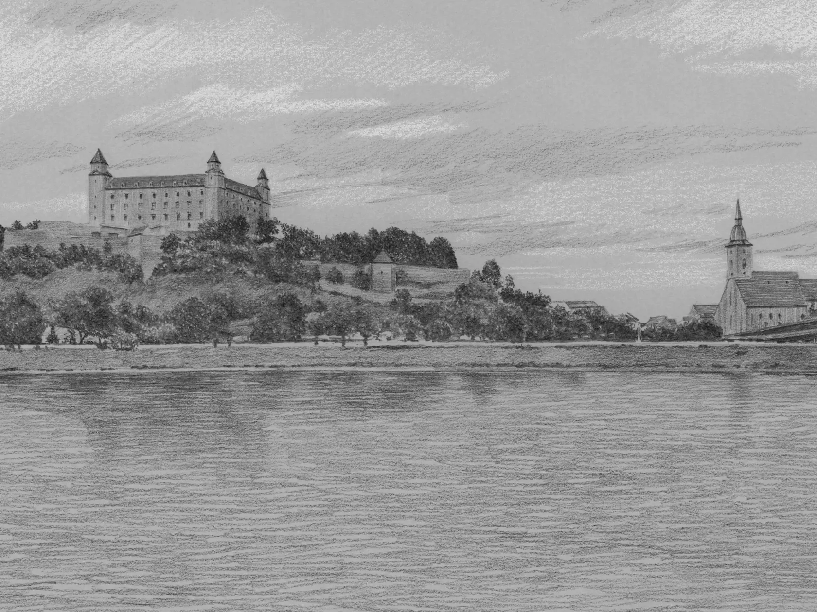 Bratislavský hrad na kresbe od Jána Vitka.