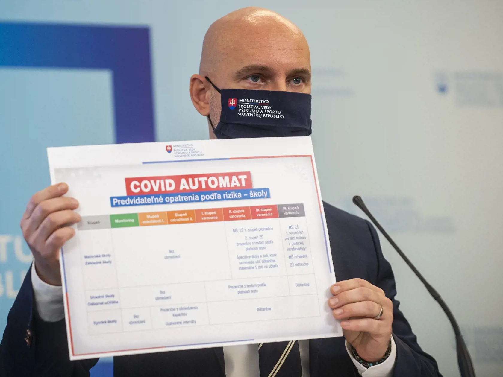 Na snímke minister školstva, vedy, výskumu a športu SR Branislav Gröhling počas tlačovej konferencie na tému Návrat do škôl
