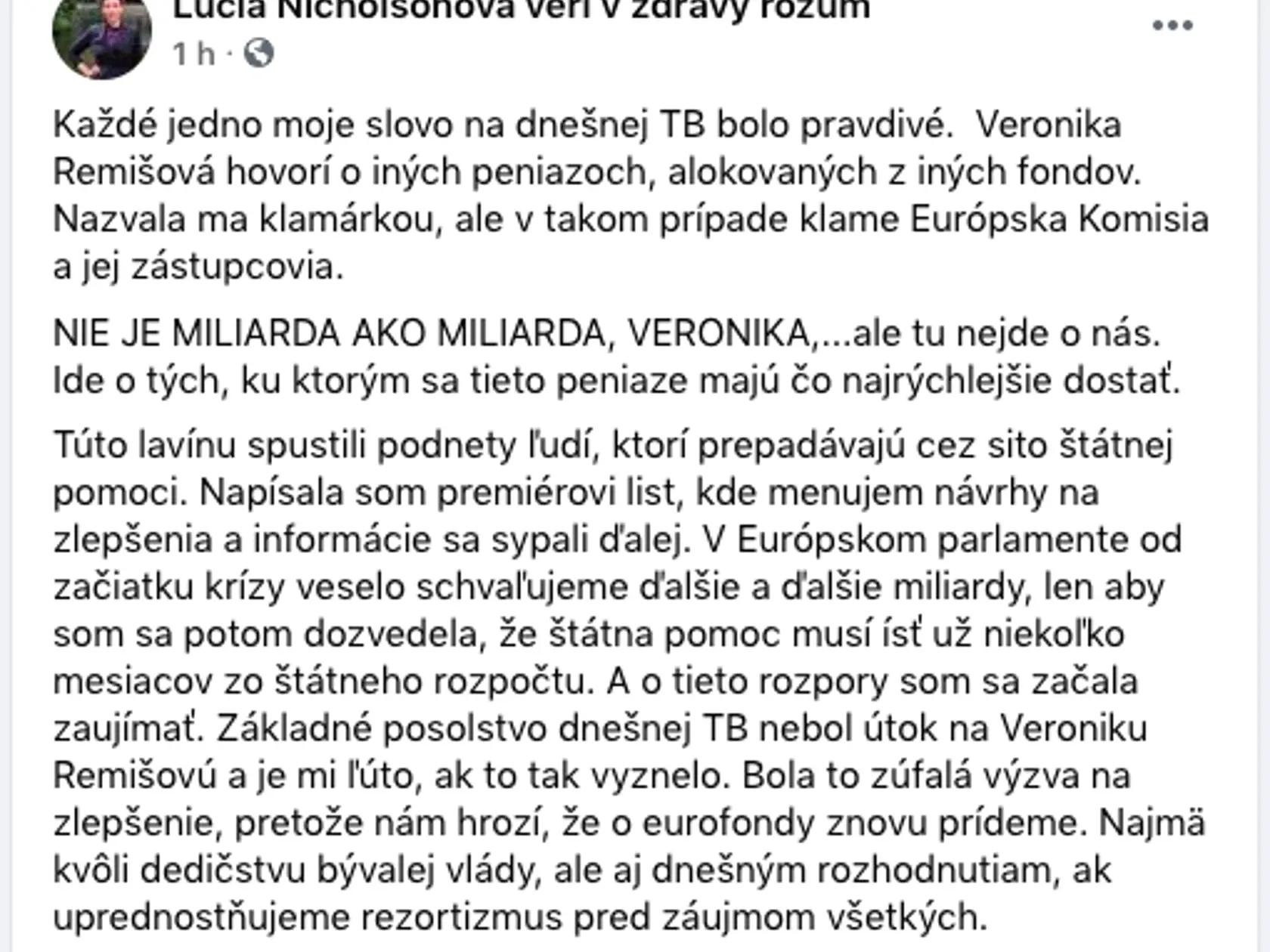Lucia Nicholsonová o premrhanej miliarde eur.