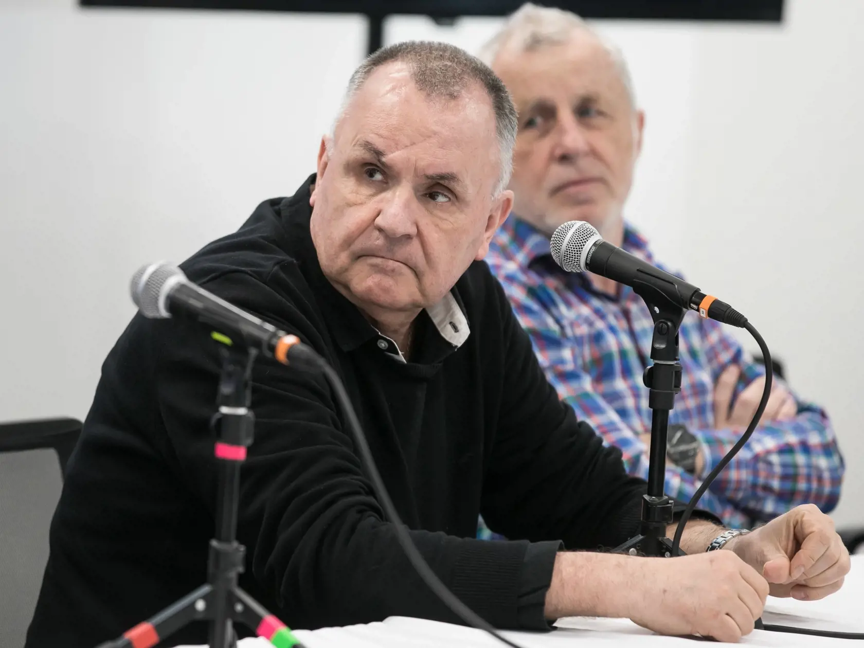 Tlačová konferencia Elánu pred prvým koncertom na štadóne Tehelné pole. na fotke Jožo Ráž, Jano Baláž