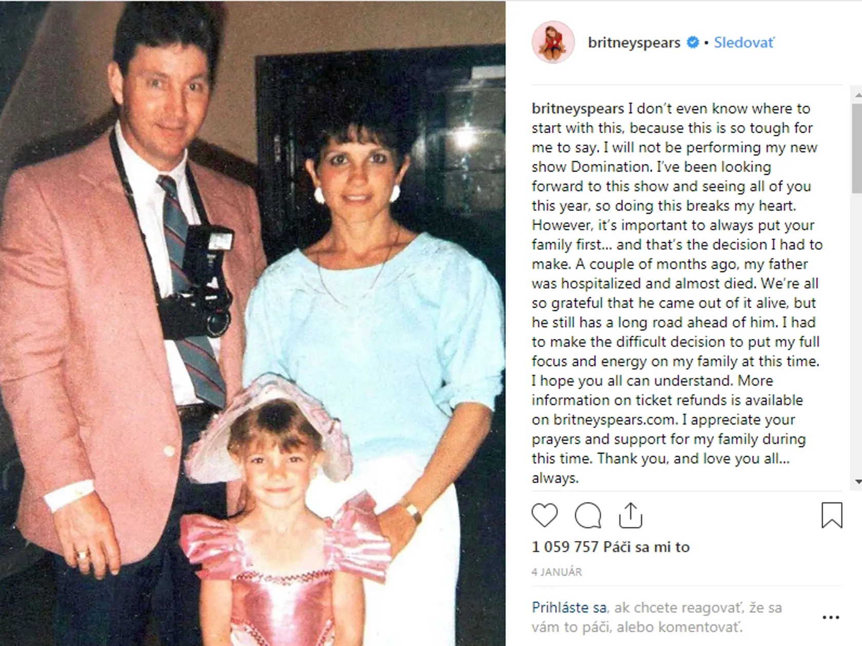 Britney Spears (v strede) spolu s rodičmi. Jej otec Jamie čelí vážnym zdravotným problémom.