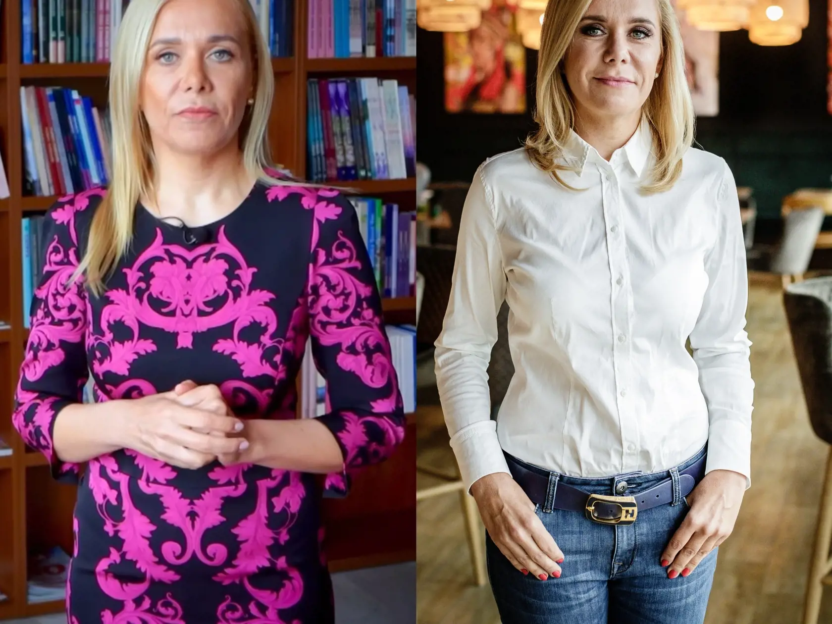 „Cyklámenové ornamenty na čiernom podklade je krok vedľa. Veľmi lacné a nevyzdvihuje to individualitu pani Sakovej. Pekná žena s perfektnou postavou vynikne najviac v minimalistickom outfite,“ myslí si odborníčka. Napravo nový imidž Sakovej.