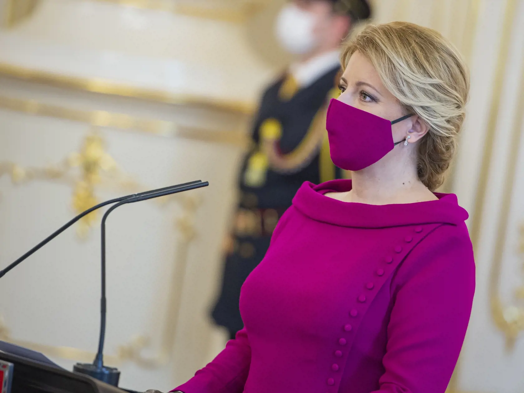 Na snímke prezidentka SR Zuzana Čaputová sa prihovára členom novej vlády SR v Prezidentskom paláci v Bratislave, 21. marca 2020. FOTO TASR - Michal Svítok