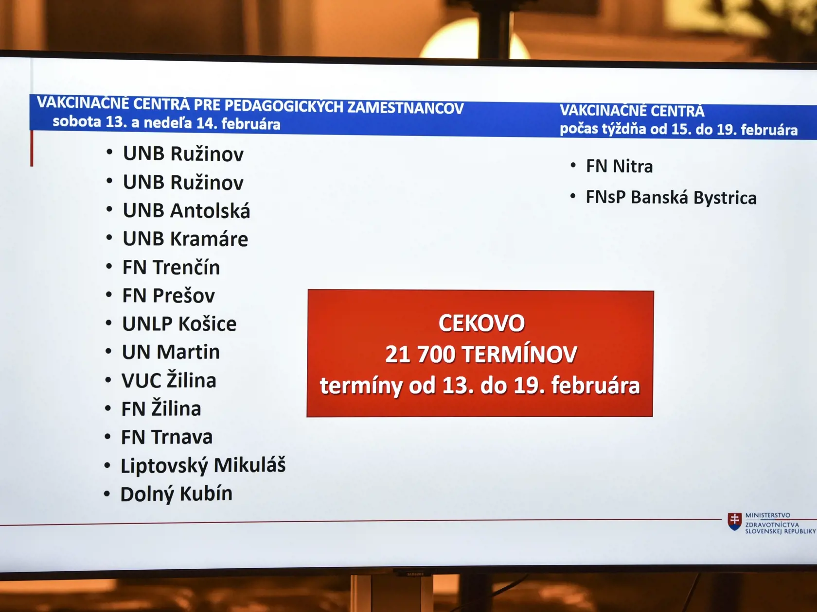 Na snímke zoznam vakcinačných centier pre pedagogických zamestnancov počas tlačovej konferencie na tému Očkovanie učiteľov 11. februára 2021 v Bratislave. FOTO TASR - Pavol Zachar