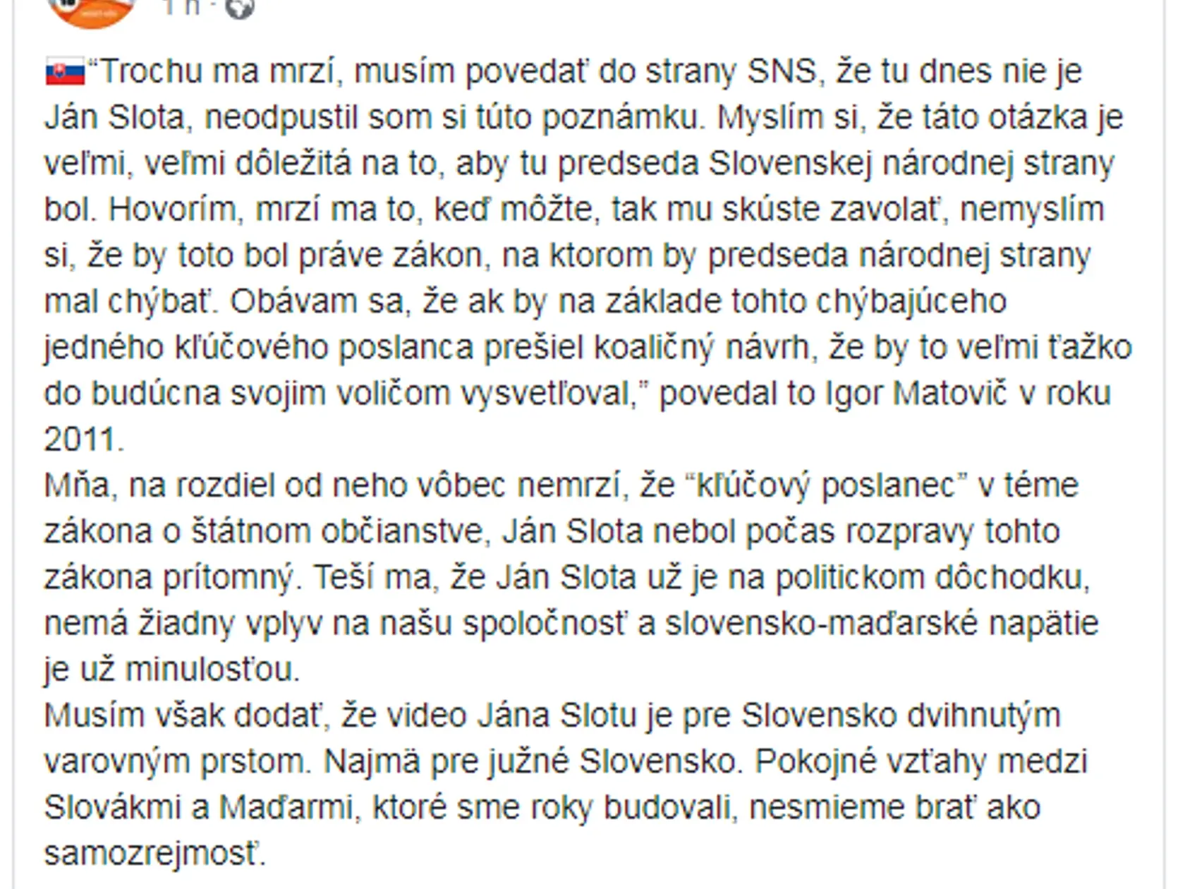 Status Bélu Bugára, ktorým reagoval na video Jána Slotu.