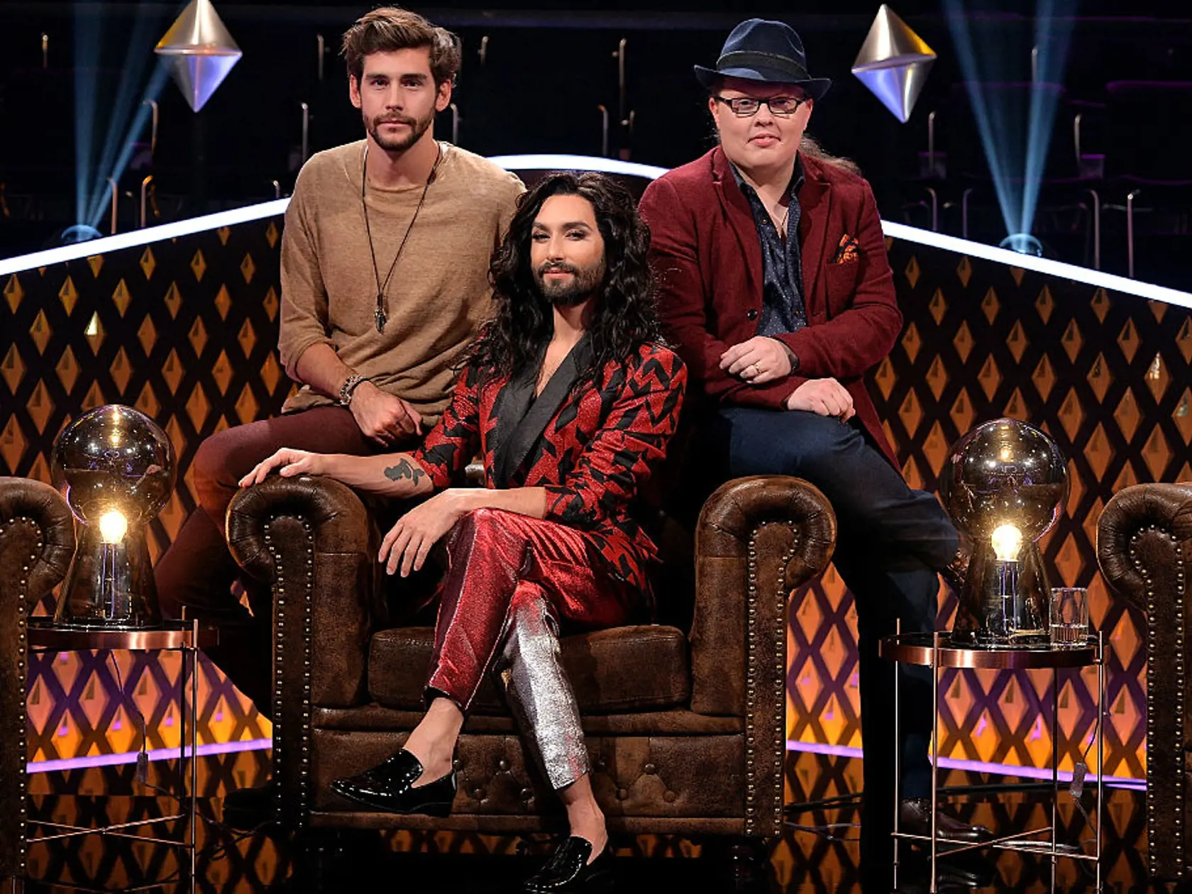 COLOGNE, GERMANY - NOVEMBER 08:  (L-R) Alvaro Soler, Thomas Neuwirth alias Conchita Wurst and Angelo Kelly attend the RTL TV Show 'It Takes 2' on November 8, 2016 in Cologne, Germany.  (Photo by Sascha Steinbach/Getty Images)