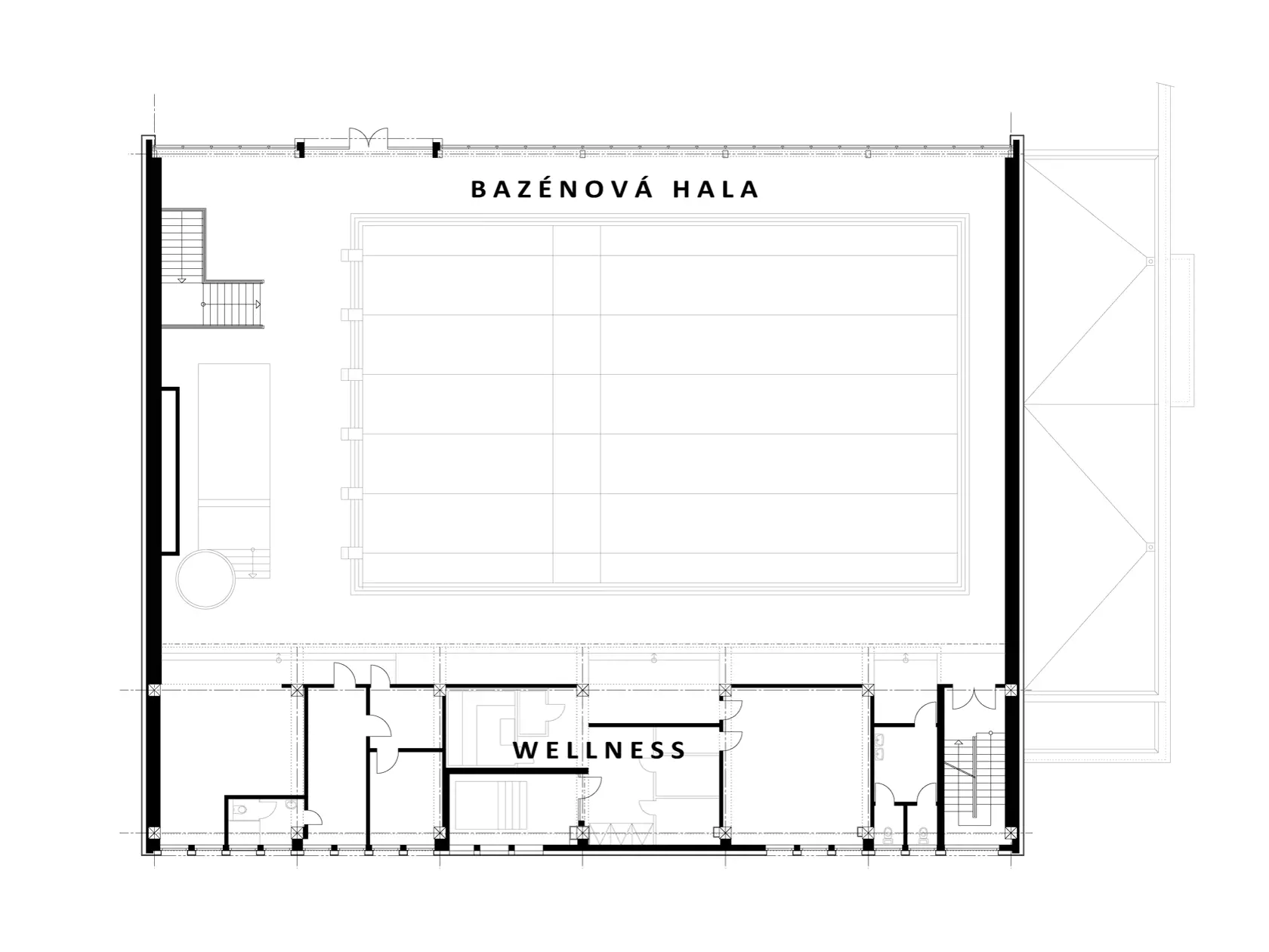 Pôdorys 2. nadzemného podlažia zrekonštruovanej mestskej plavárne v Trebišove.