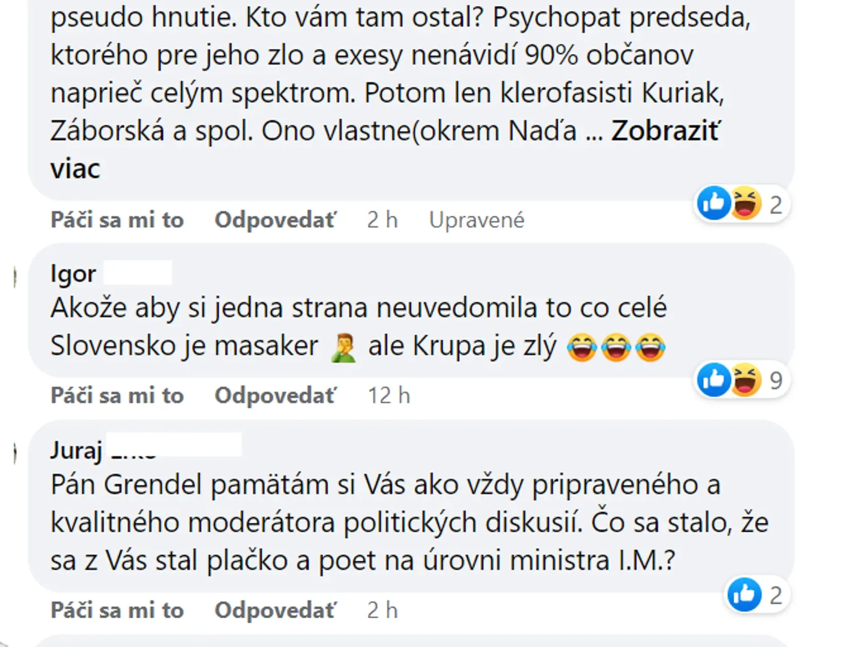 Ľudia reagujú na post Gábora Grendela.