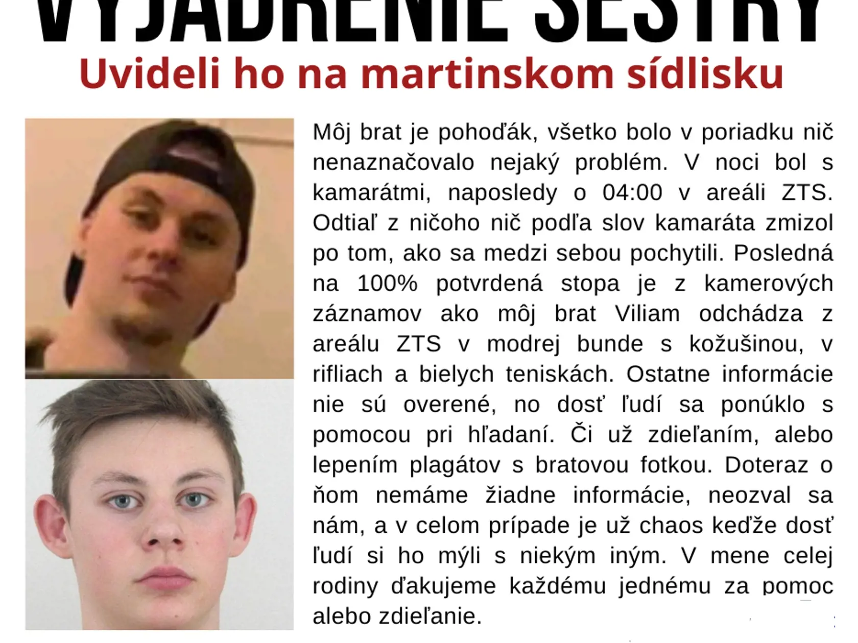 Sestra Petra poskytla vyjadrenie aj miestnym novinám.