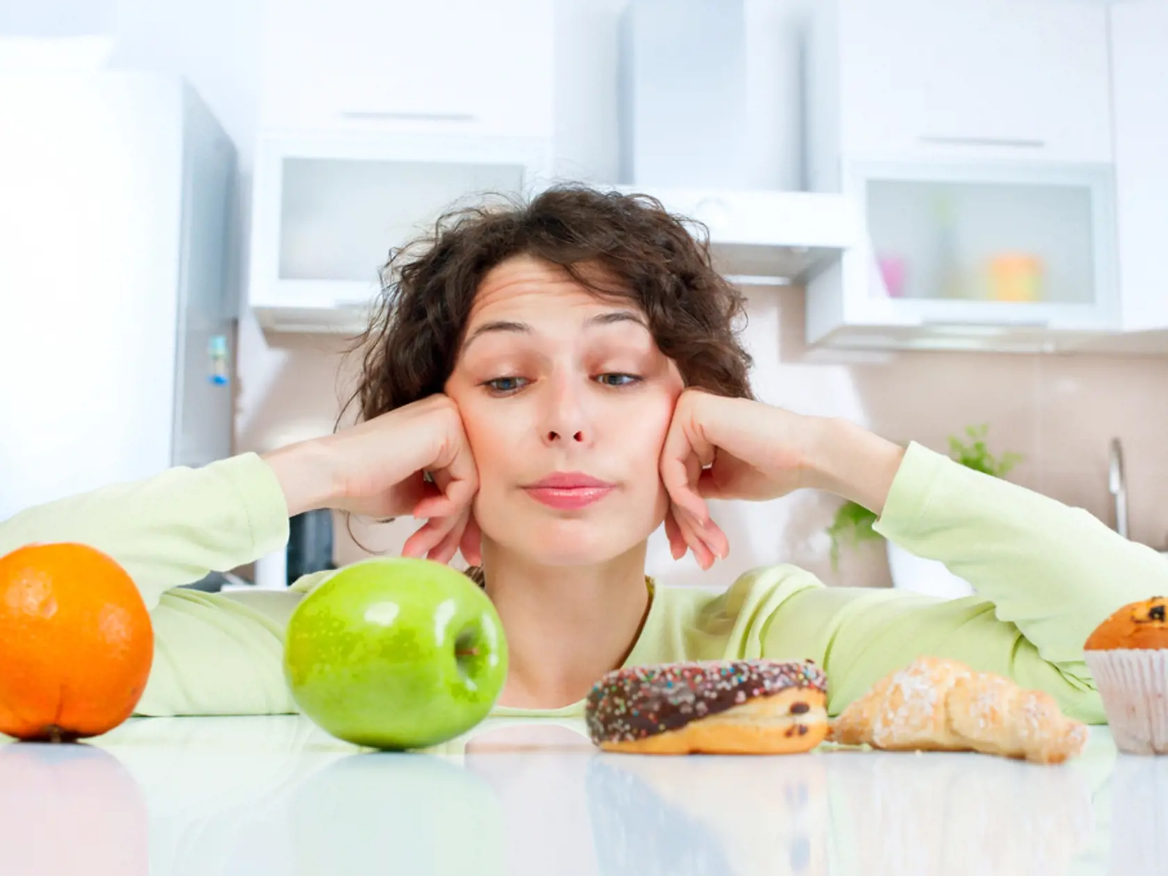 Diet.,Dieting,Concept.,Healthy,Food.,Beautiful,Young,Woman,Choosing,Between