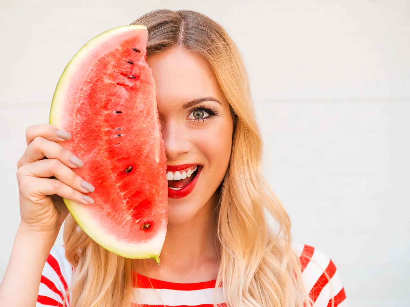 Summer,Taste.,Cheerful,Young,Woman,Holding,Slice,Of,Watermelon,Against