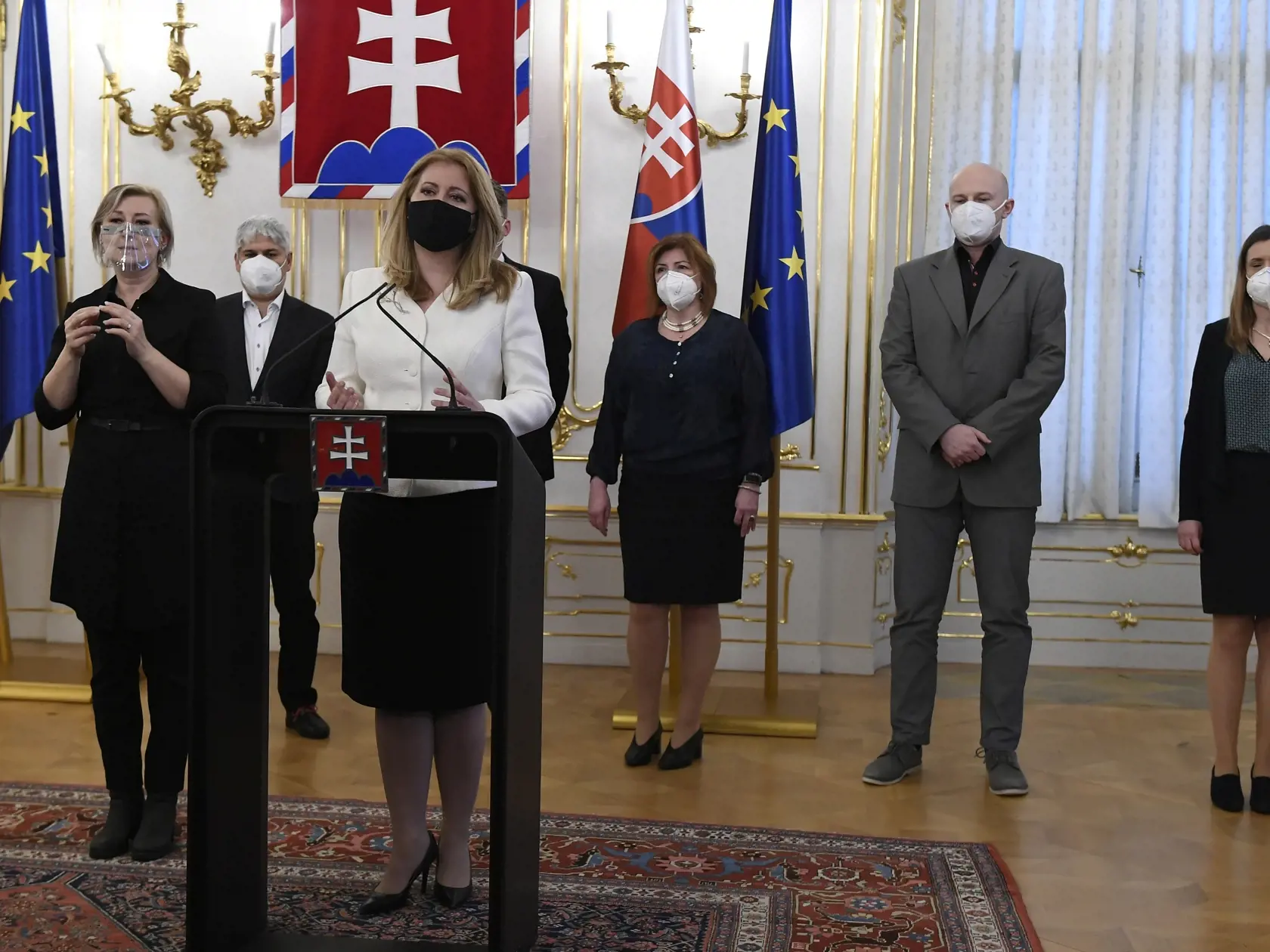Na snímke prezidentka SR Zuzana Čaputová počas tlačovej konferencie po stretnutí s odborníkmi v súvislosti s aktuálnou epidemickou situáciou v Prezidentskom paláci v Bratislave 16. februára 2021. FOTO TASR - Pavol Neubauer
  