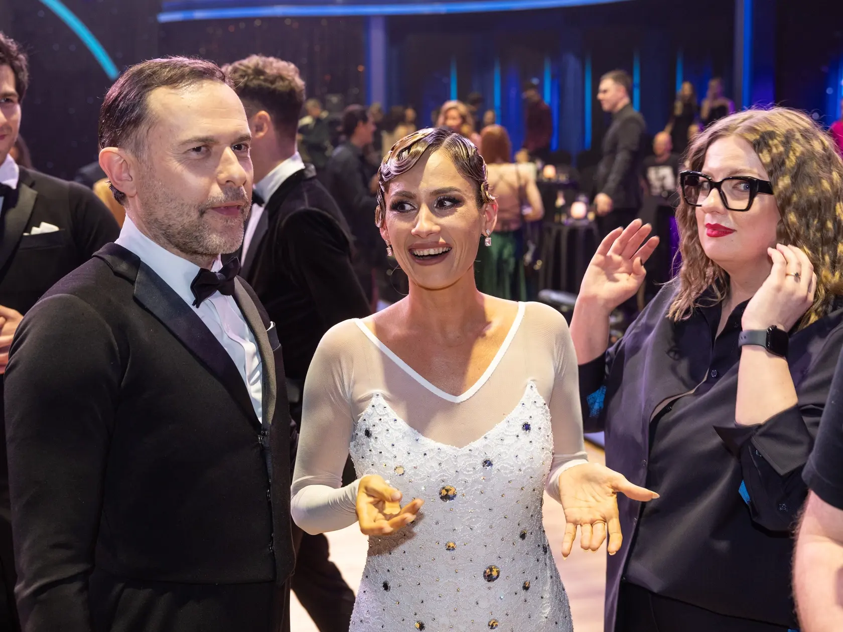 Juraj Kemka a Natália Glosíková vypadli v šiestom kole Let's dance 2025. Na snímke Juraj Kemka, Natália Glosíková a Šema Satkeová