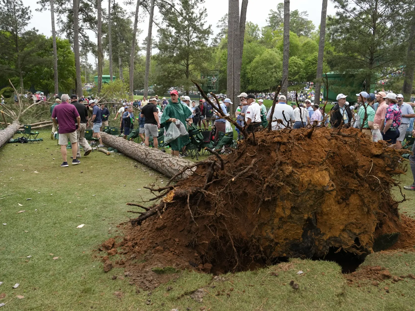 WA 21 Augusta - Organizátori odvádzajú  návštevníkov od borovíc, ktoré spadli v blízkosti 17. jamky vplyvom silného vetra počas 2. kola golfového major turnaja Masters v Auguste v piatok 7. apríla 2023. Podľa organizátorov, ktorí turnaj prerušili, sa nikto nezranil.  Vysoké borovice sú charakteristický znak Augusta National Golf Clubu, jediného ihriska, ktoré doposiaľ každý rok hostilo mužský golfový turnaj major kategórie. FOTO TASR/AP 

A security guard moves patrons away from trees that blew 