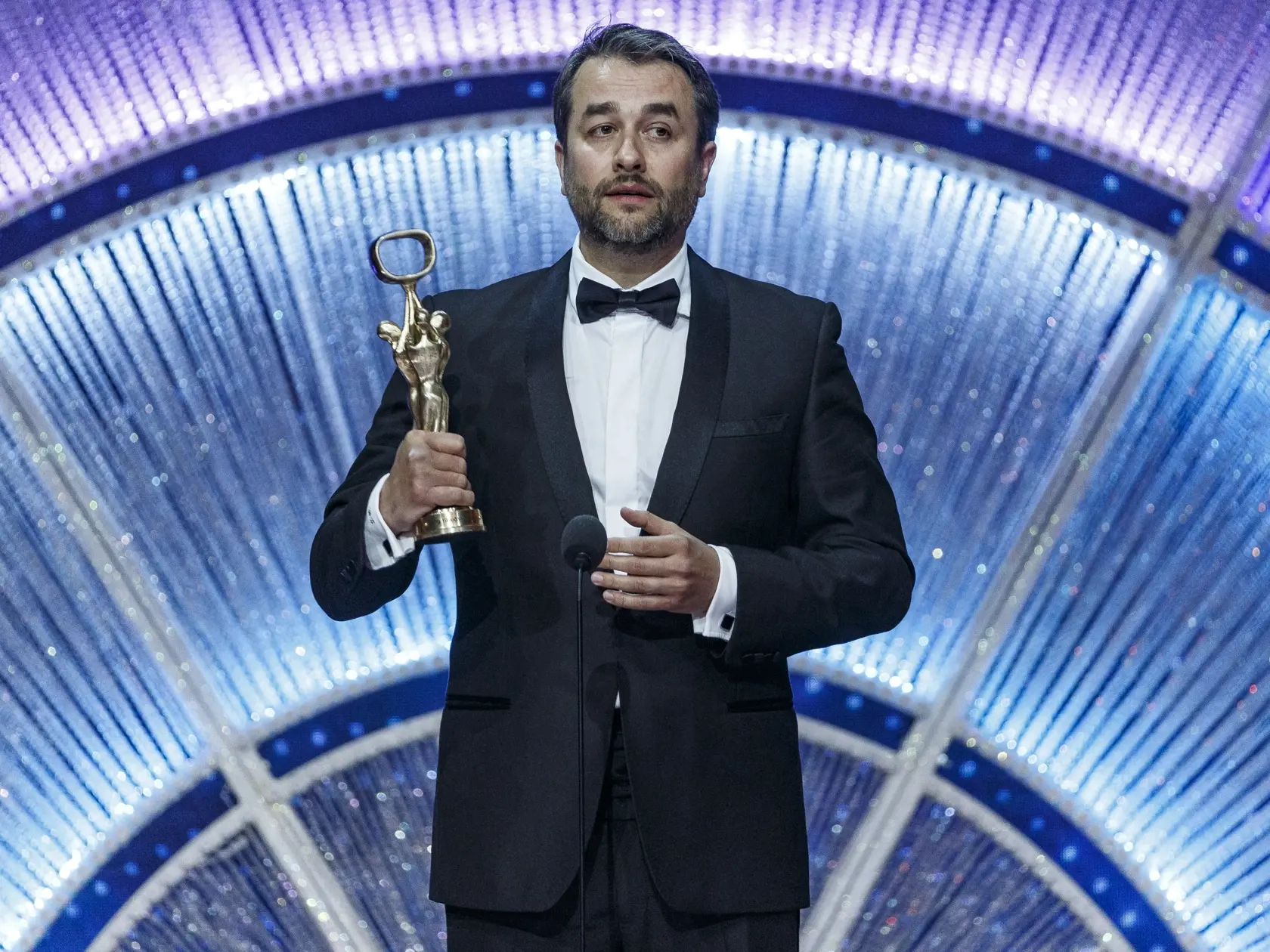 Na snímke Vladimír Kobielsky počas priameho prenosu z galavečera OTO 2019.