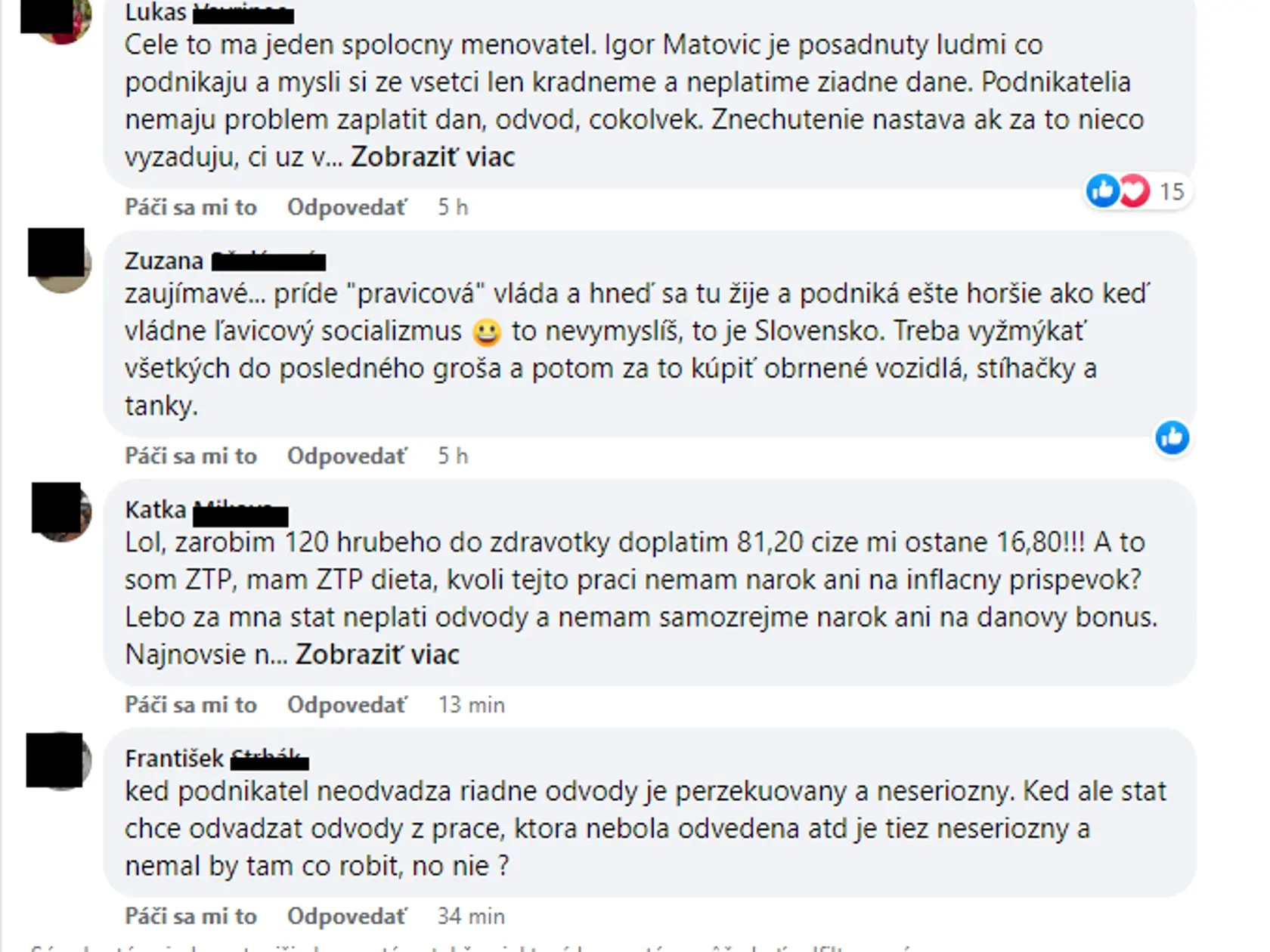 Reakcie ľudí na sociálnej sieti.