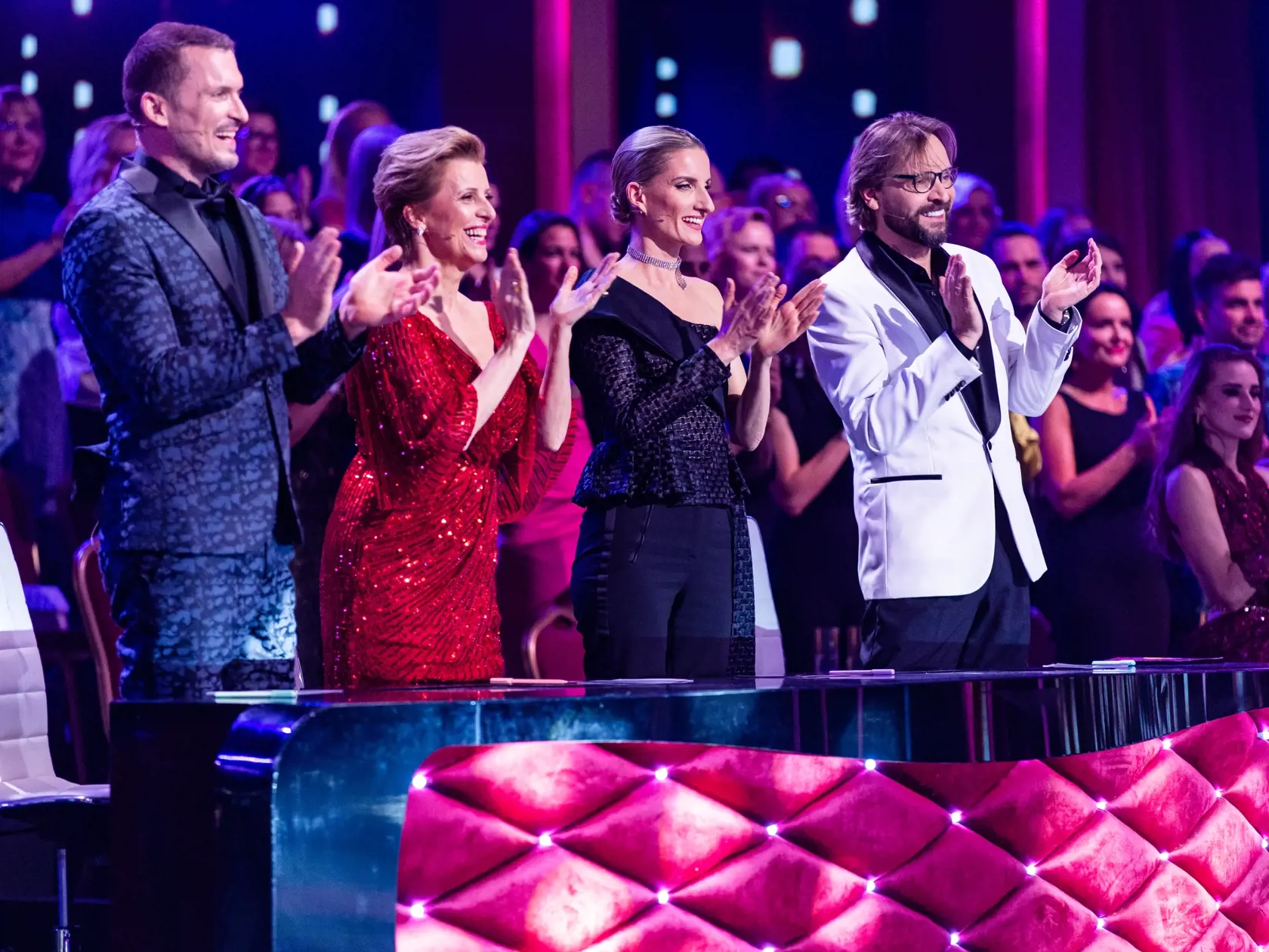 Finále tanečnej súťaže "Let's Dance 2023" v Bratislave. Na snímke Ján Koleník, Tatiana Drexler, Adela Vinczeová a Ján Ďurovčík.
