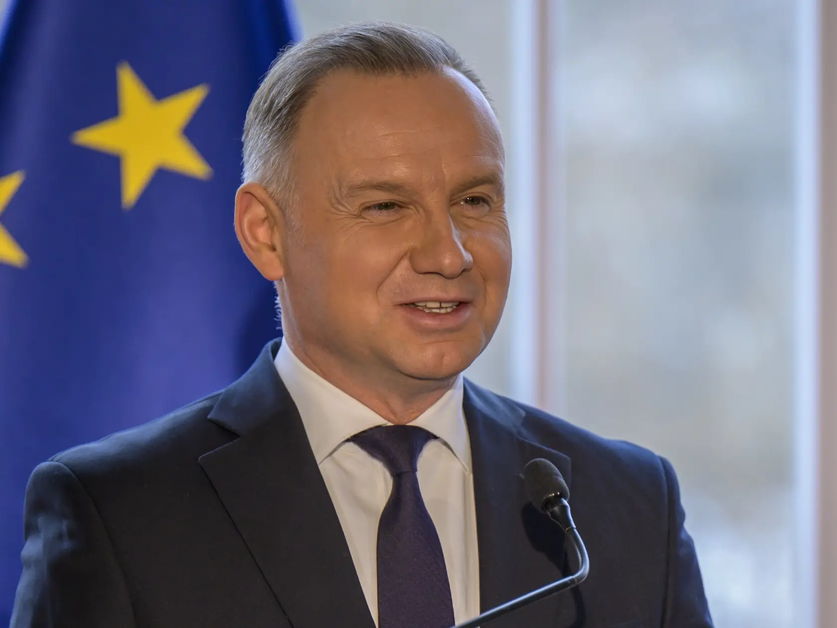Na snímke poľský prezident Andrzej Duda hovorí počas tlačovej konferencie pri príležitosti rozlúčkovej návštevy na Slovensku na Štrbskom Plese v utorok 1. apríla 2025. FOTO TASR - Veronika Mihaliková