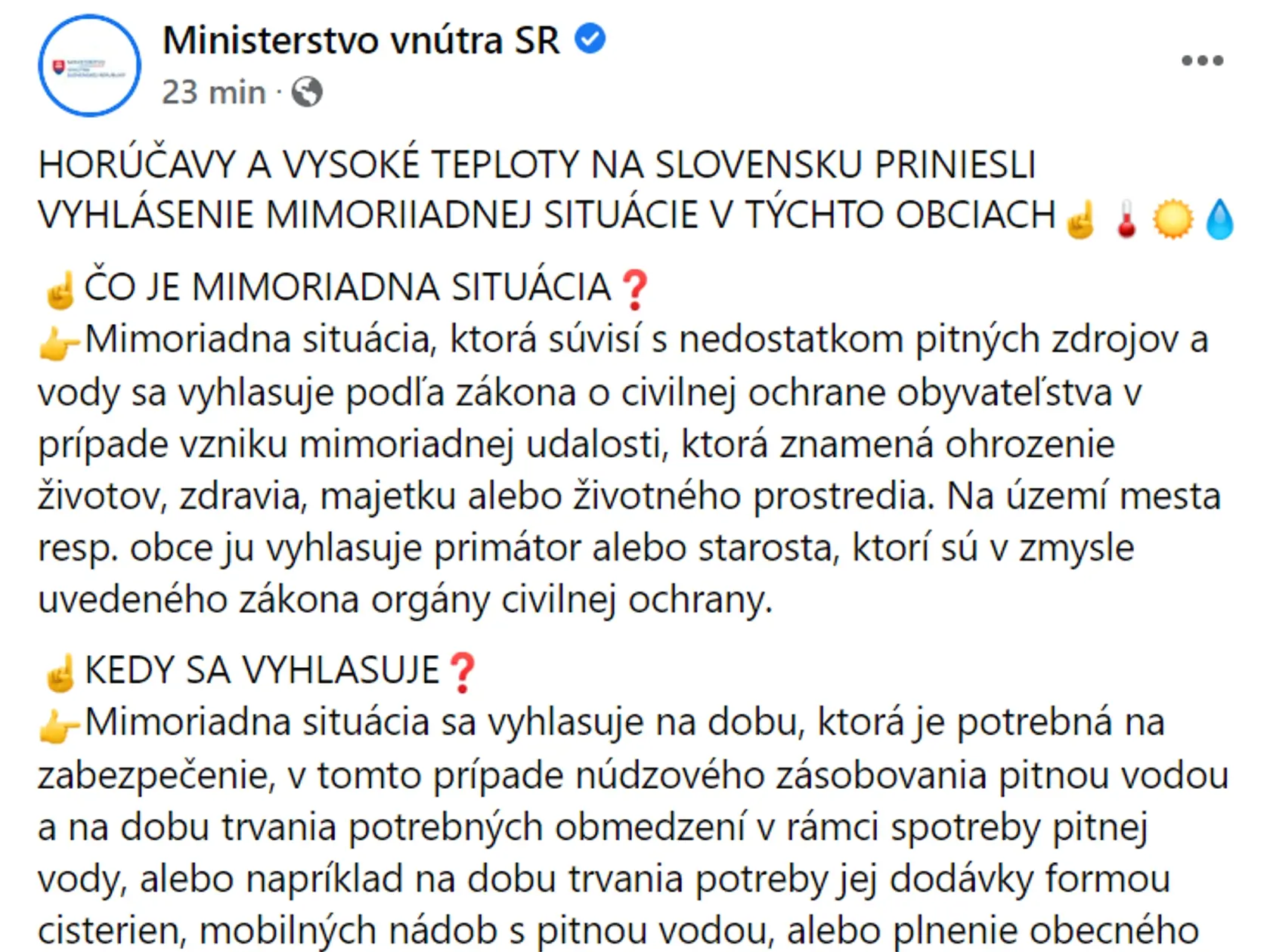 Mimoriadna situácia pre nedostatok pitnej vody platí v desiatich obciach