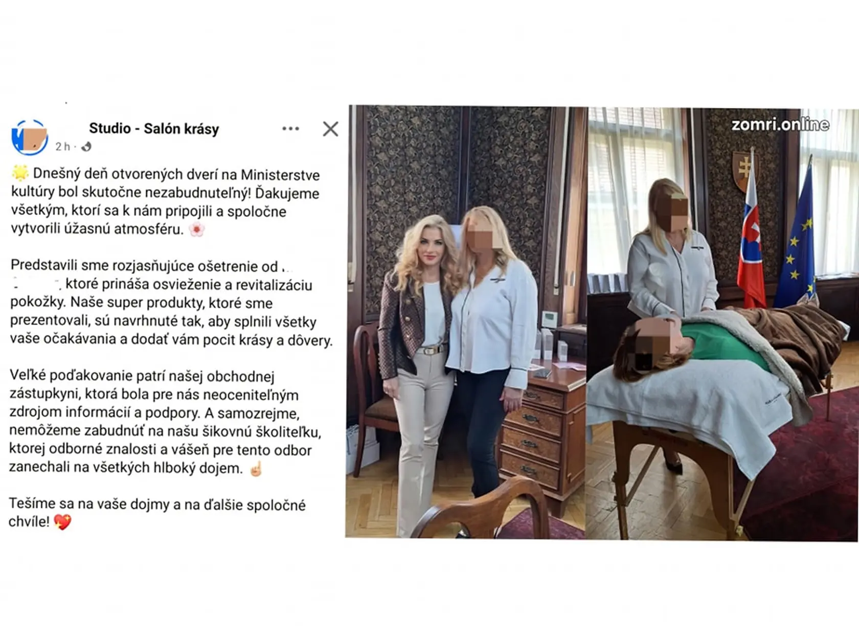 Salón krásy sa pochválil, že jej školiteľka a majiteľka Viera Putzová bola na ministerstve kultúry. Status firma z Podunajských Biskupíc rýchlo stiahla.
